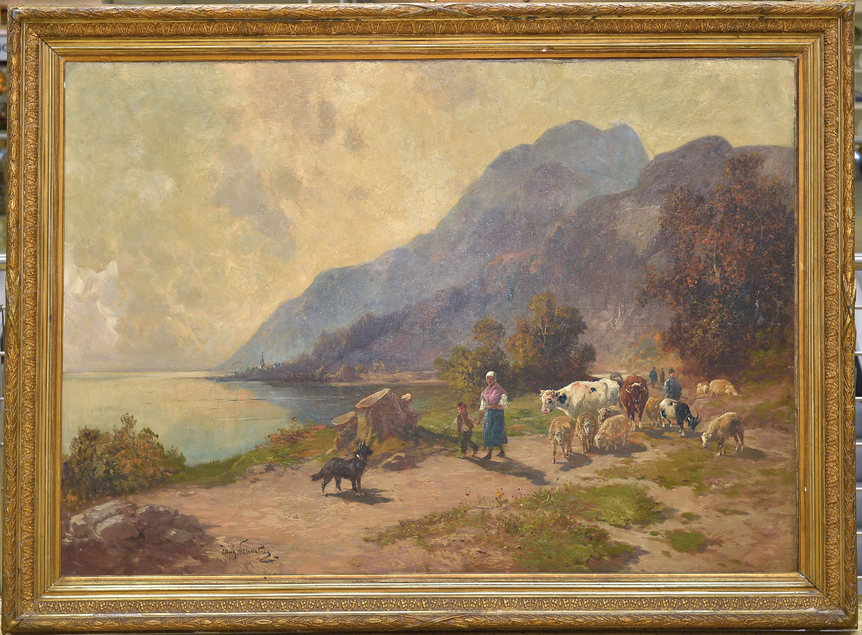Detail k: Henry Schouten, 1864 Indonesien-1927 Gent, monumentale Landschaft mit Hirtenfamilie, Blick entlang eines Seeufers auf eine Dorf -Silhouette, links ...