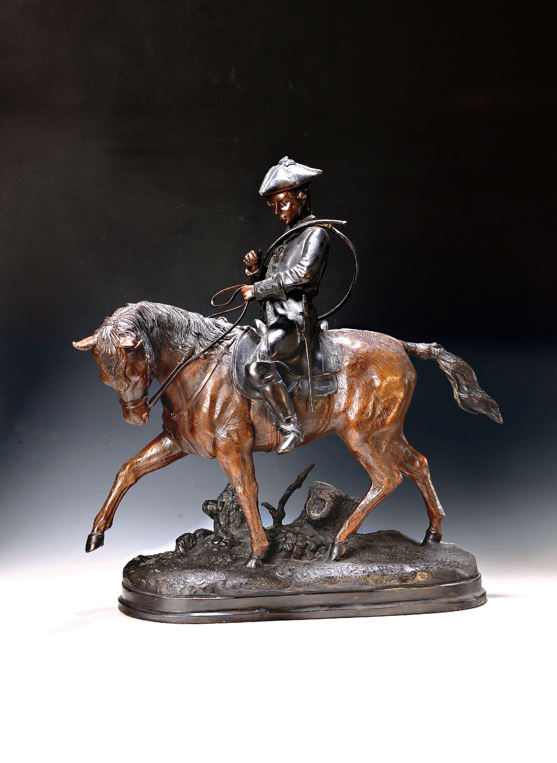 Große Bronzefigur, 2. Hälfte 20. Jh., Postillon zu Pferd, am Sockel signiert, ca. 60 x 58 x 21 cm