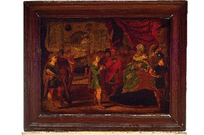 26933725k - Unbekannter Barockmaler, 18.Jh., salomonisches Urteil, Öl/Holz, Schwundrissig und ...
