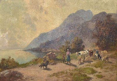 Image 26933730 - Henry Schouten, 1864 Indonesien-1927 Gent, monumentale Landschaft mit Hirtenfamilie, ...