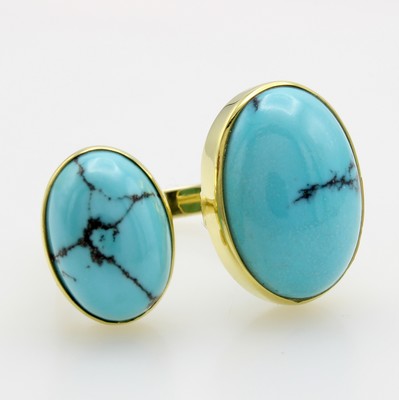 Image Ring mit Türkisen, GG 585/000, 2 ovale Türkiscabochons zus. ca. 15.6 ct, ...