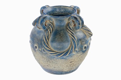 26934871a - Vorratsgefäß, Terracotta, blau u. ockerfarben changierend koloriert, ...