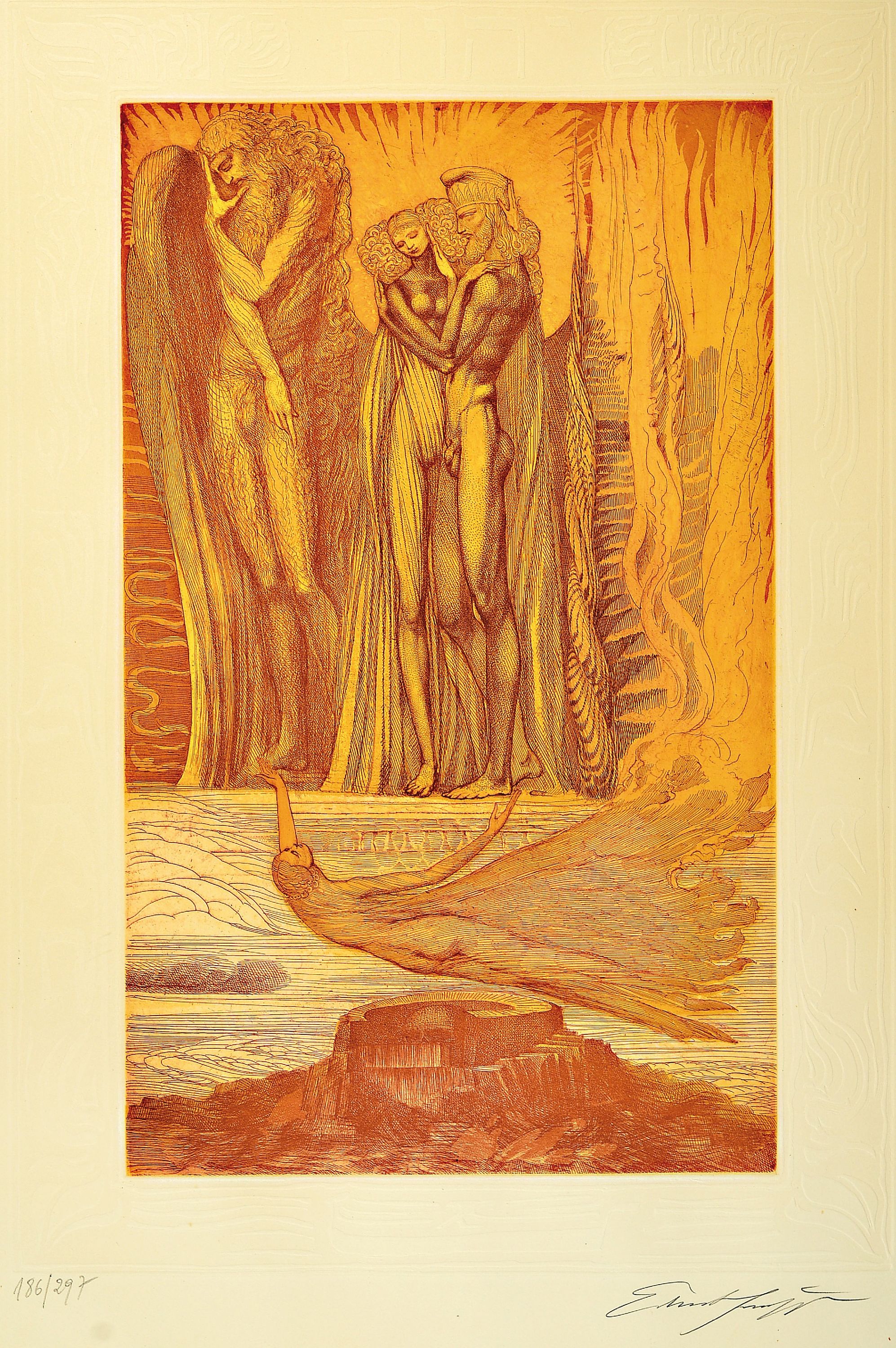 Ernst Fuchs, 1930-2015, Die Verlobung, Aquatintaradierung mit Prägerand, handsign., num. 186/297, ca. 53x32cm, u.Gl., R. ca. 81x61cm