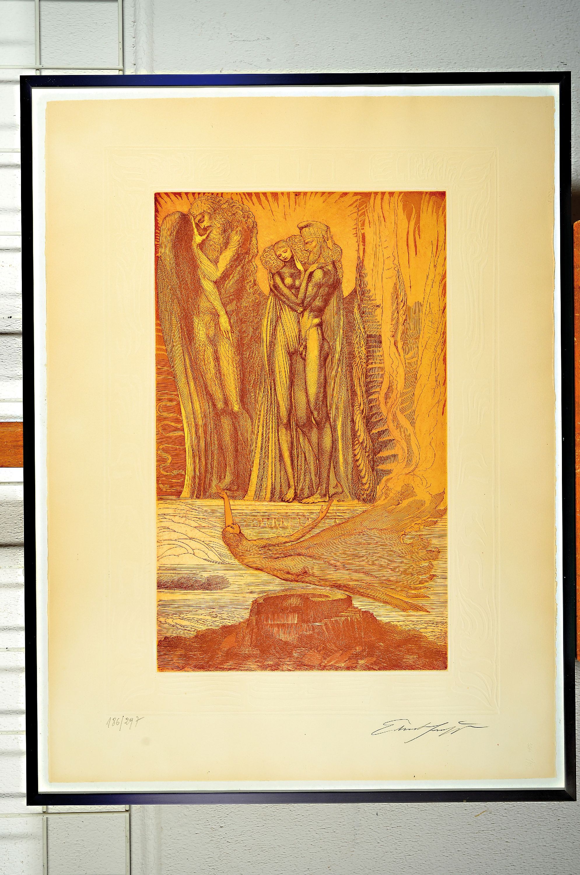 Detail k: Ernst Fuchs, 1930-2015, Die Verlobung, Aquatintaradierung mit Prägerand, handsign., num. 186/297, ca. 53x32cm, u.Gl., R. ca. 81x61cm