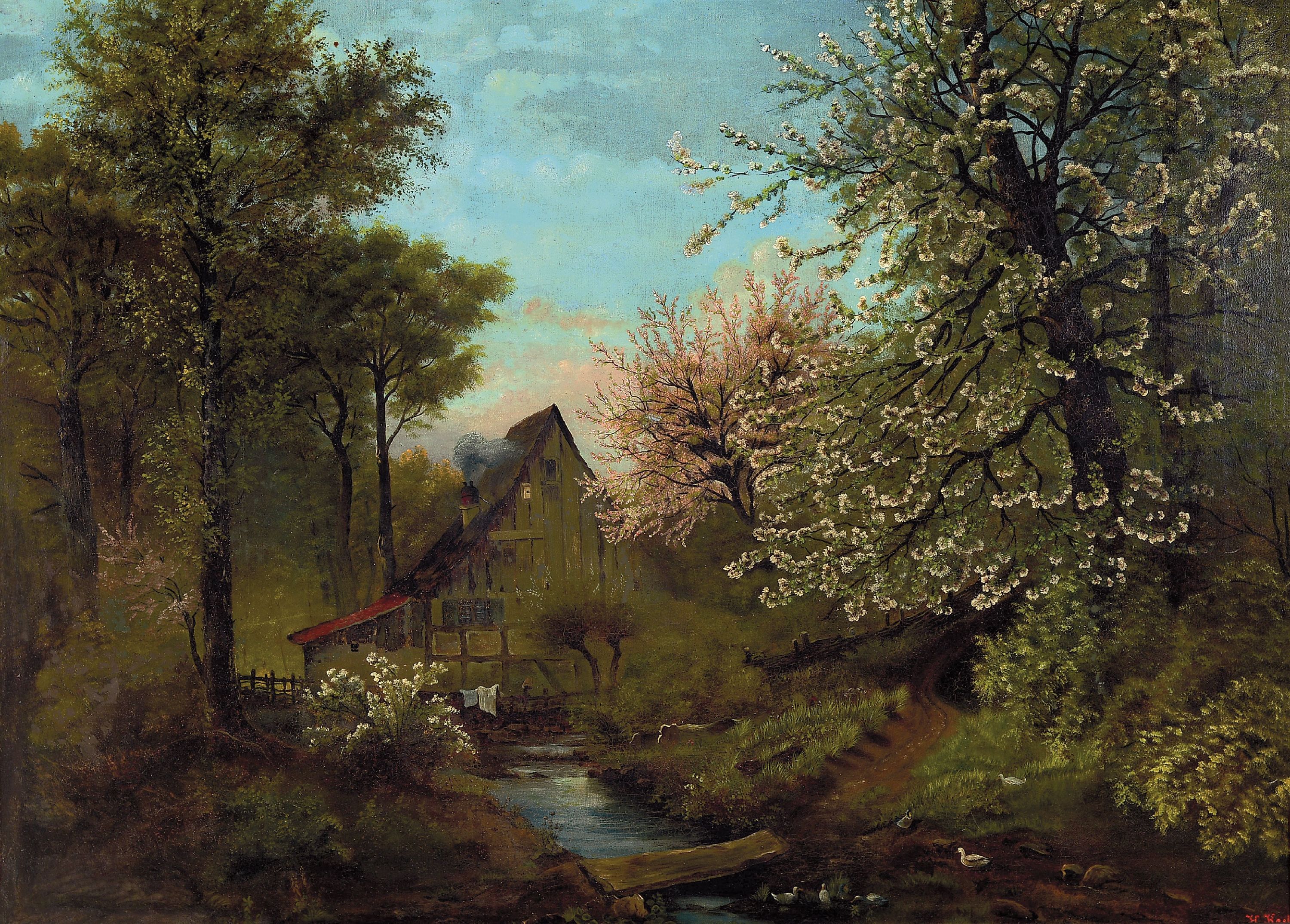 H. Koch, Maler des ausgehenden 19. Jh., Bauerngehöft hinter blühenden Bäumen und Bachlauf, Öl/Lwd, rechts unten sign., ca. 64x88cm, R. ca. ...