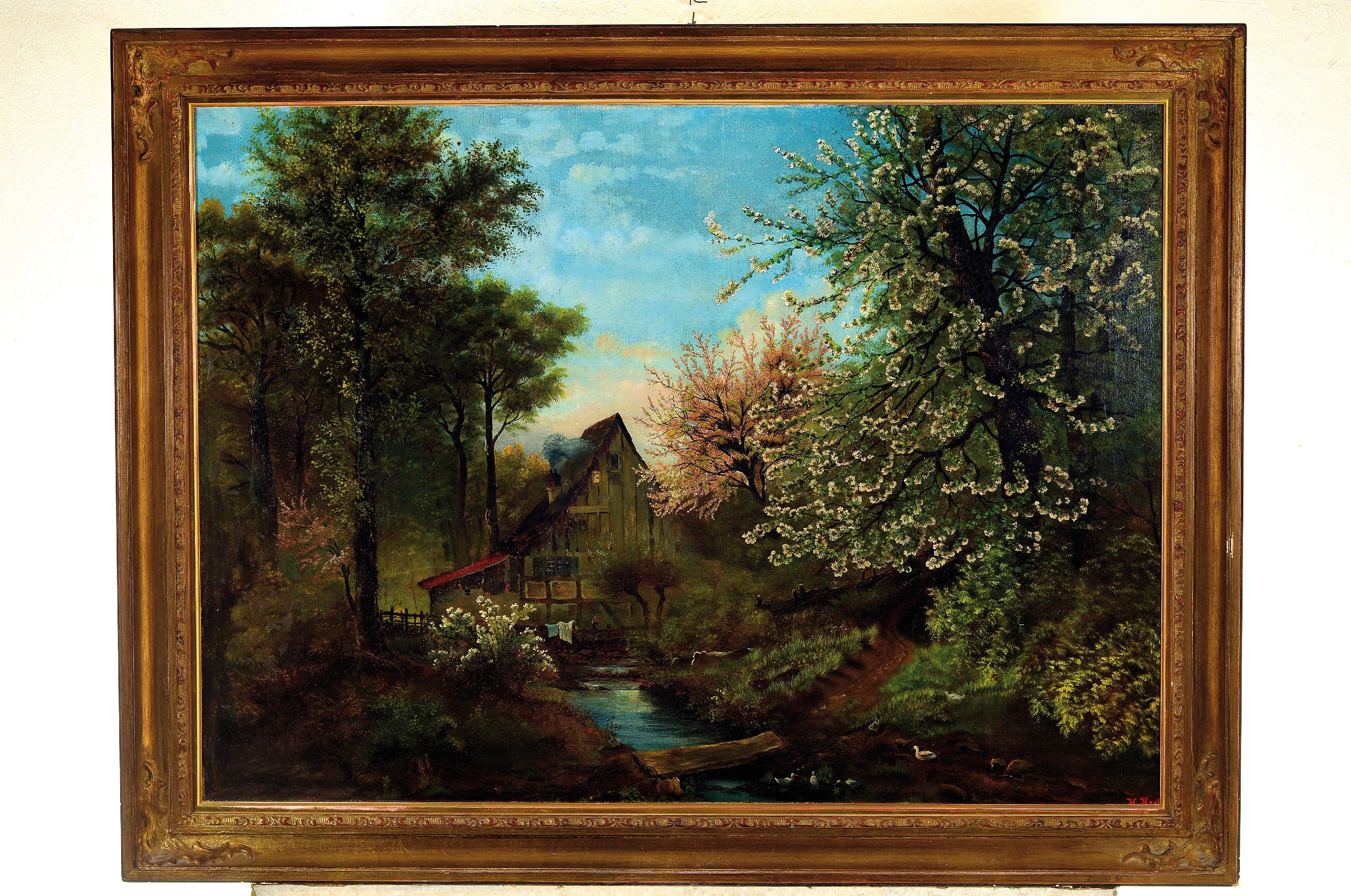Detail k: H. Koch, Maler des ausgehenden 19. Jh., Bauerngehöft hinter blühenden Bäumen und Bachlauf, Öl/Lwd, rechts unten sign., ca. 64x88cm, R. ca. ...