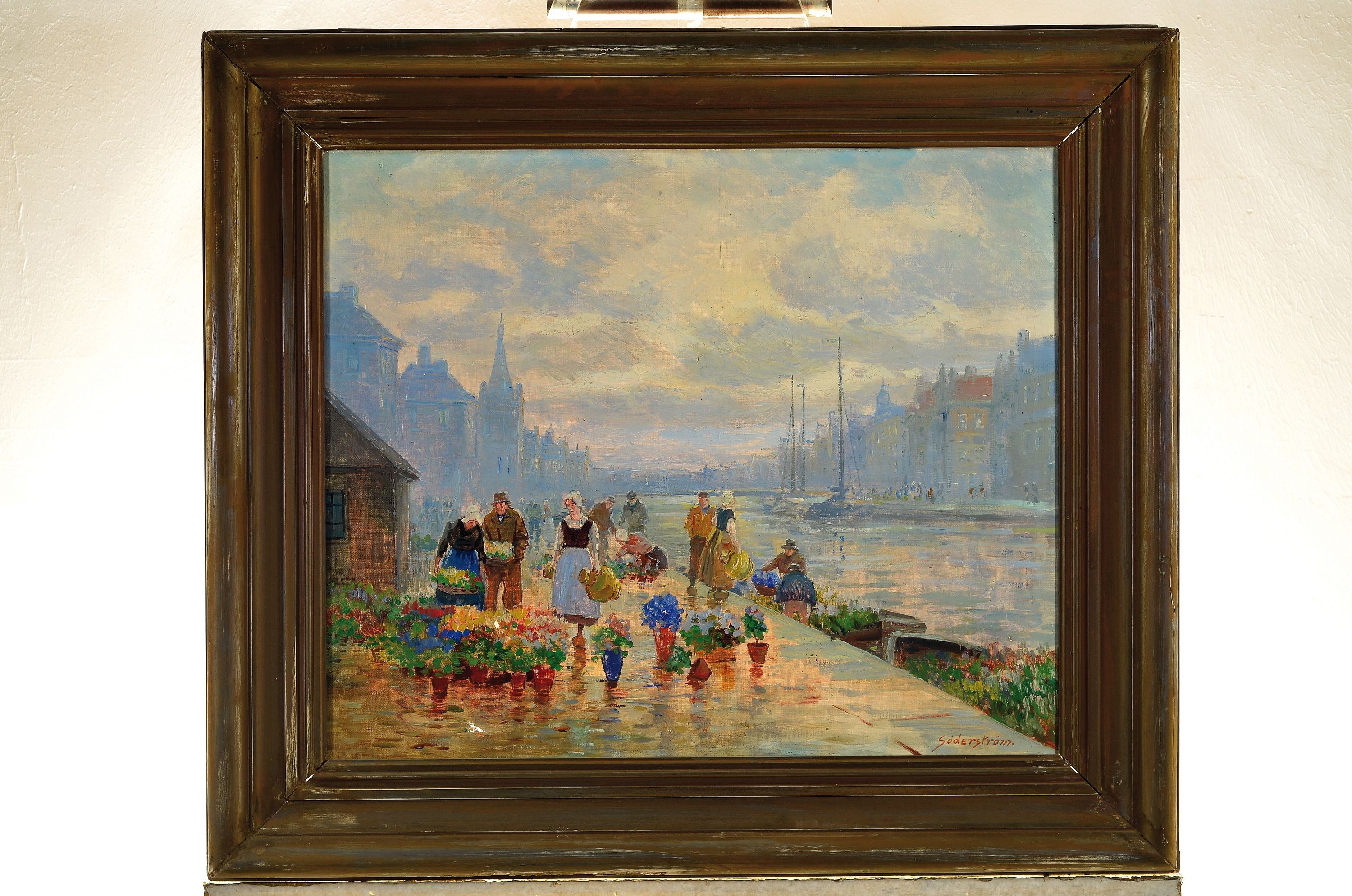 Detail k: Söderström, Maler des frühen 20. Jh., Blumenmarkt an einer Gracht in Amsterdam, Öl/Lwd, rechts unten sign., ca. 50x60cm, R. ca. 68x78cm, links ...