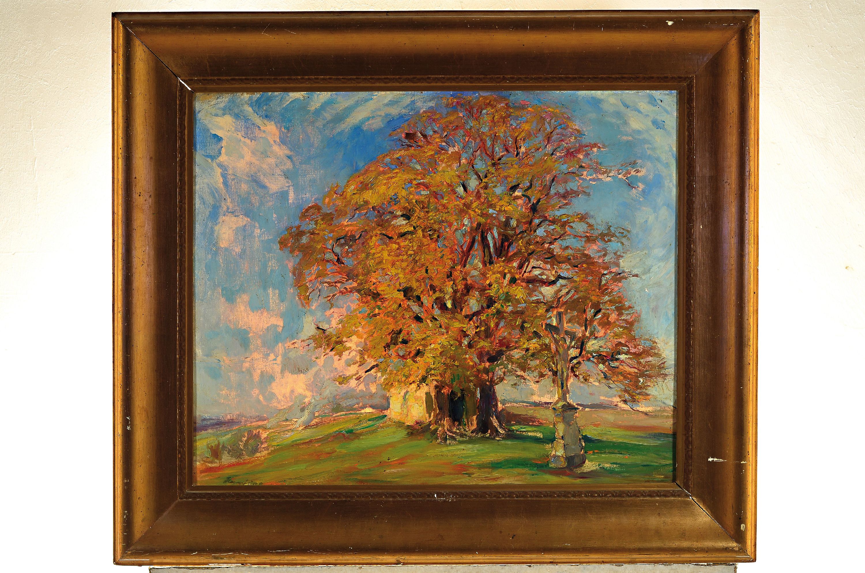 Detail k: Wilhelm Hempfing, 1886 Schönau-1948 Karlsruhe, Mächtiger Baum vor einer Kapelle, Öl/Lwd, links unten sign., verso auf Künstleretikett betitelt: ...