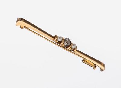 Image 14 kt Gold Diamant-Perl-Stabbrosche, um 1910, GG 585/000, mittig Altschliffdiamant ca. ...