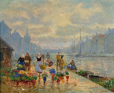 Image 26934964 - Söderström, Maler des frühen 20. Jh., Blumenmarkt an einer Gracht in ...