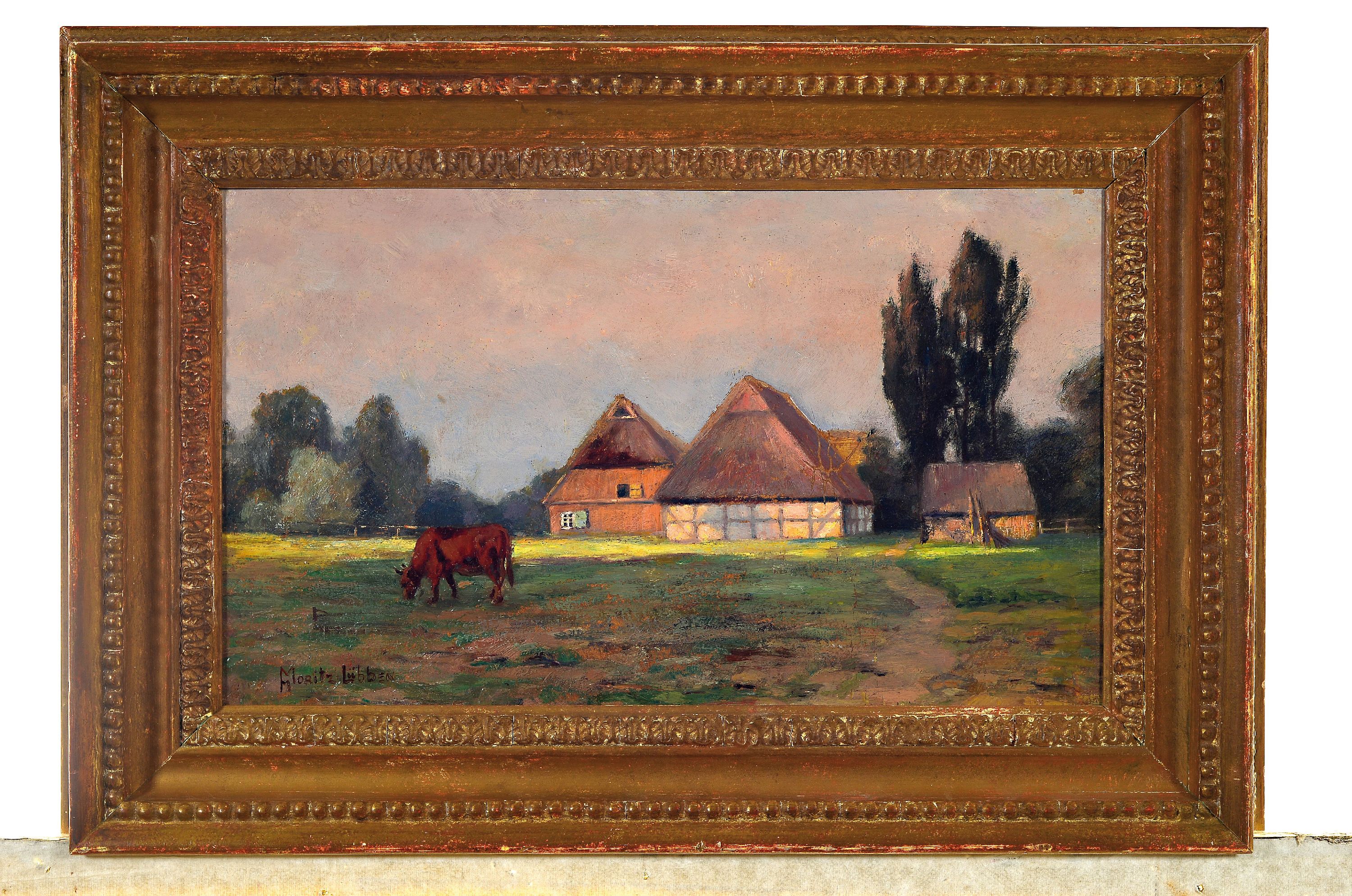 Detail k: Maria Moritz-Lübben, 1860 Lübben-1925, Norddeutscher Bauernhof im Licht, Öl/Malkarton, links unten sign., rückseitig auf Etikett betitelt ...