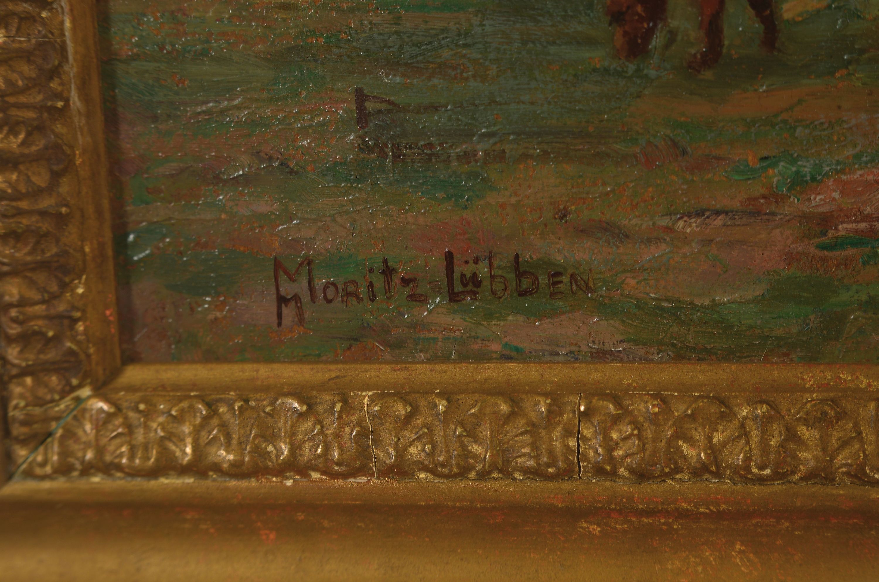 Detail l: Maria Moritz-Lübben, 1860 Lübben-1925, Norddeutscher Bauernhof im Licht, Öl/Malkarton, links unten sign., rückseitig auf Etikett betitelt ...