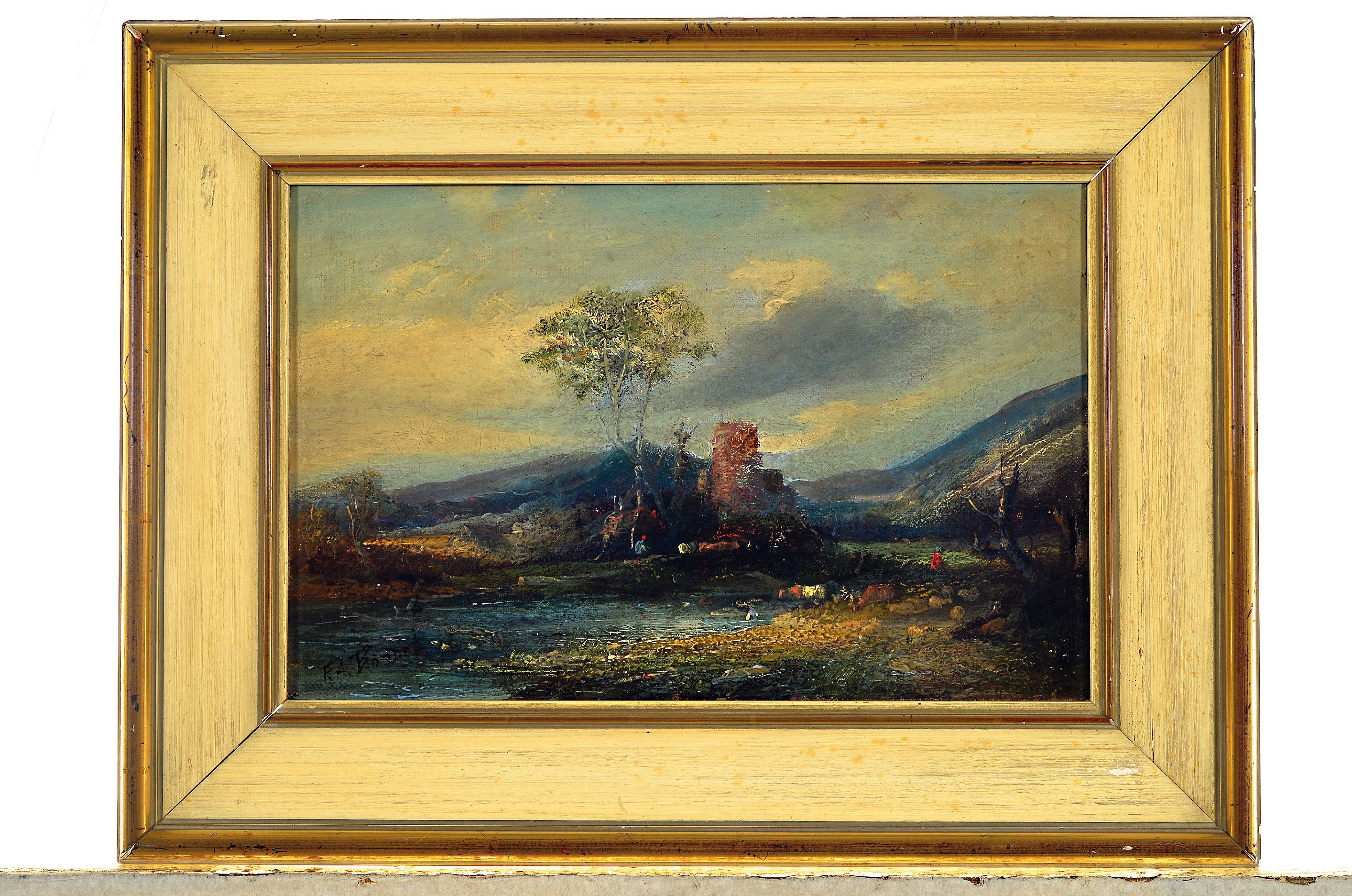Detail k: Felix Alfred Bonnet, 1847-1925, Weite Landschaft mit Ruine und Personen, Öl/Lwd, doubl., links unten sign., ca. 21x31cm, R. ca. 32x42cm