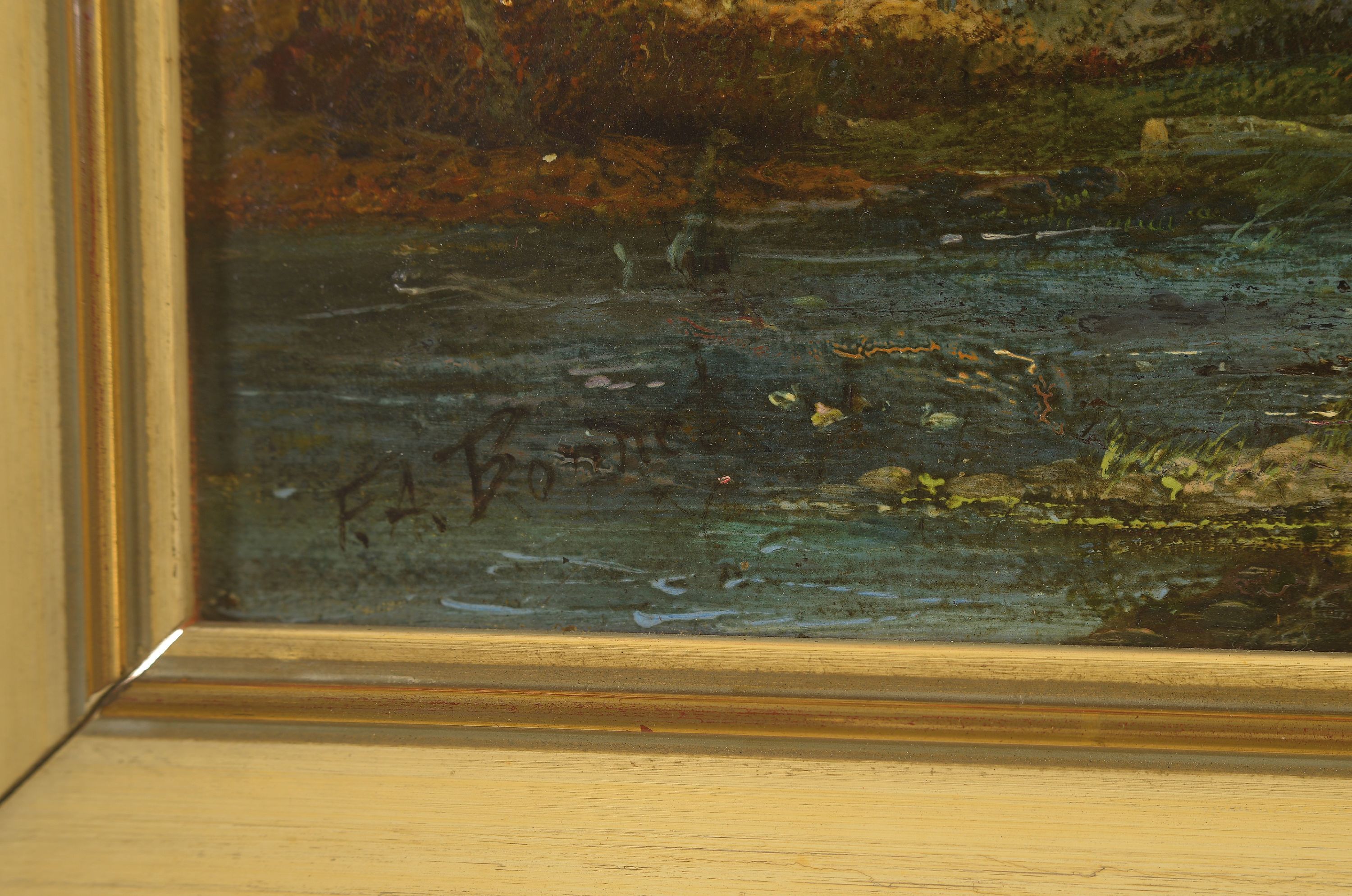 Detail l: Felix Alfred Bonnet, 1847-1925, Weite Landschaft mit Ruine und Personen, Öl/Lwd, doubl., links unten sign., ca. 21x31cm, R. ca. 32x42cm