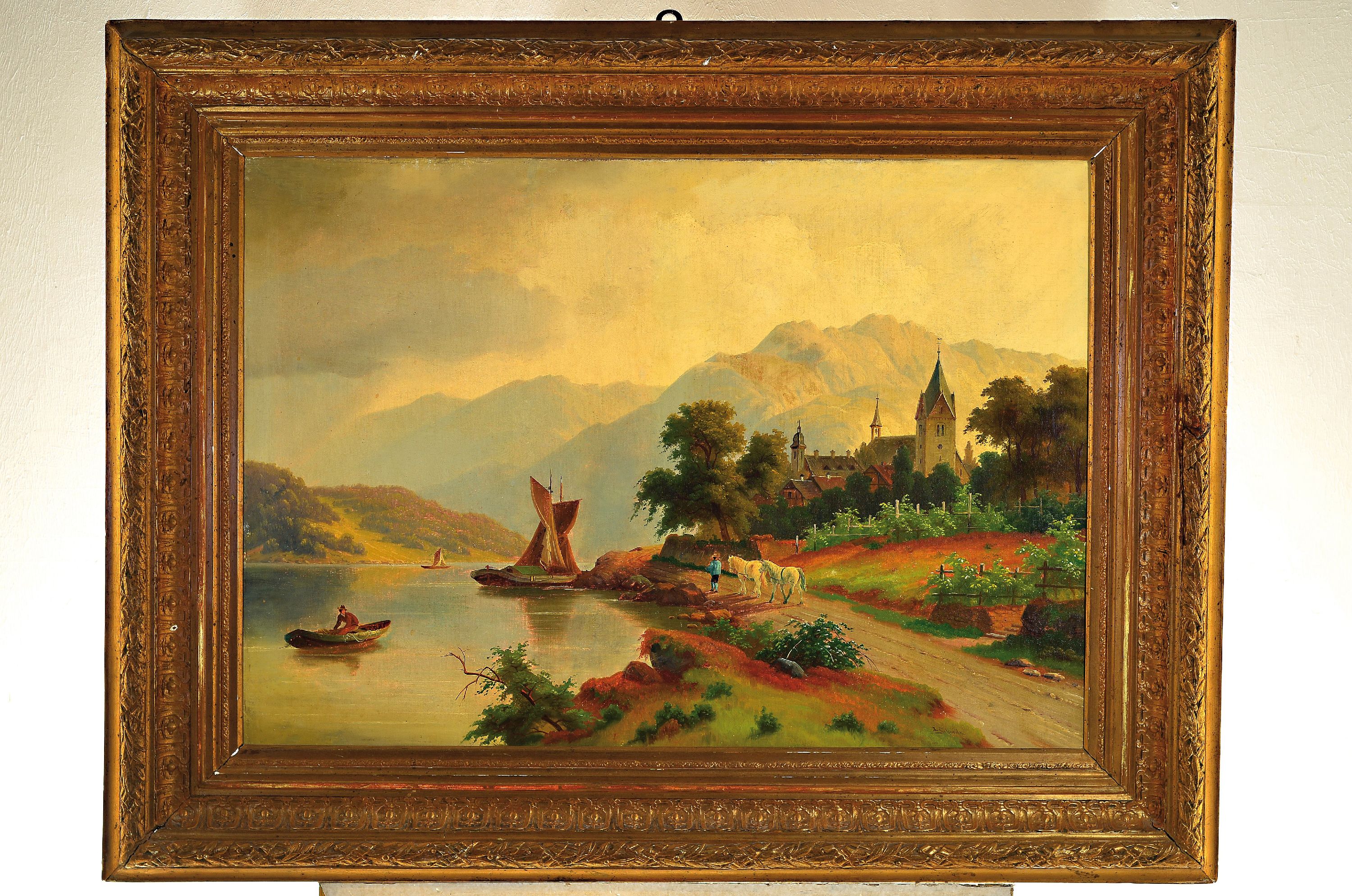 Detail k: Carl Ludwig Schmitz, 1817/18 Düsseldorf-nach 1859, Landschaft am Rhein mit Gebäude, Booten und Figuren, Öl/Lwd, rest., doubl., rechts unten ...