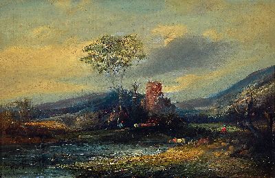 Felix Alfred Bonnet, 1847-1925, Weite Landschaft mit Ruine und Personen, Öl/Lwd, doubl., links unten sign., ca. 21x31cm, R. ca. 32x42cm