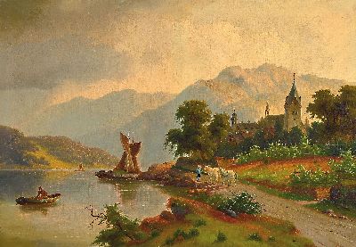 Image 26935083 - Carl Ludwig Schmitz, 1817/18 Düsseldorf-nach 1859, Landschaft am Rhein mit ...