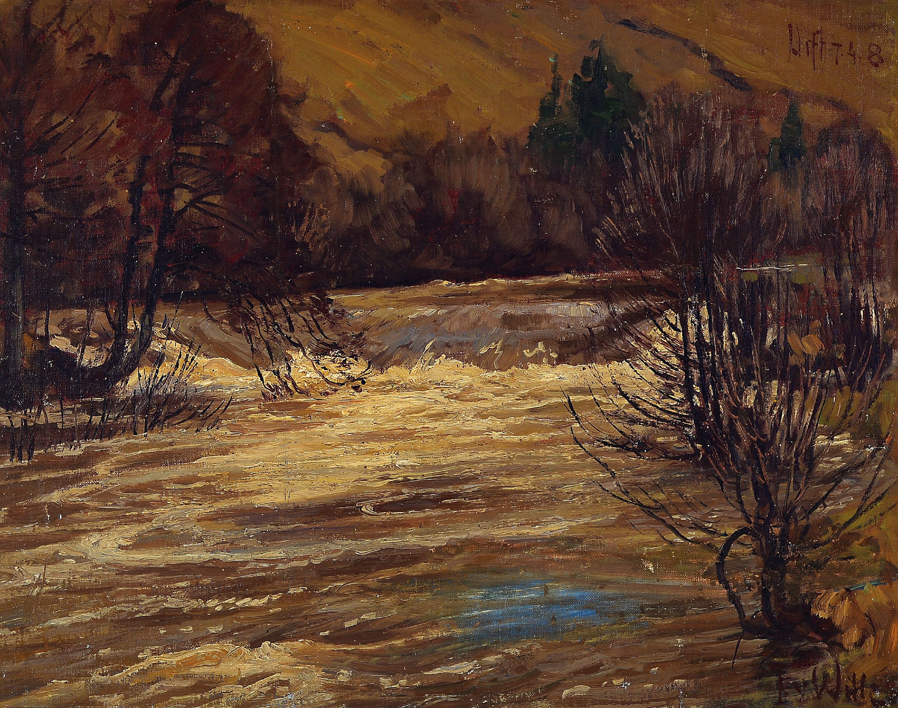 Fritz von Wille, 1860 - 1941, winterliche Flußlandschaft, Öl/Lwd auf Platte, signiert, kleiner winterlicher, Hochwasser führender Fluss, das ...