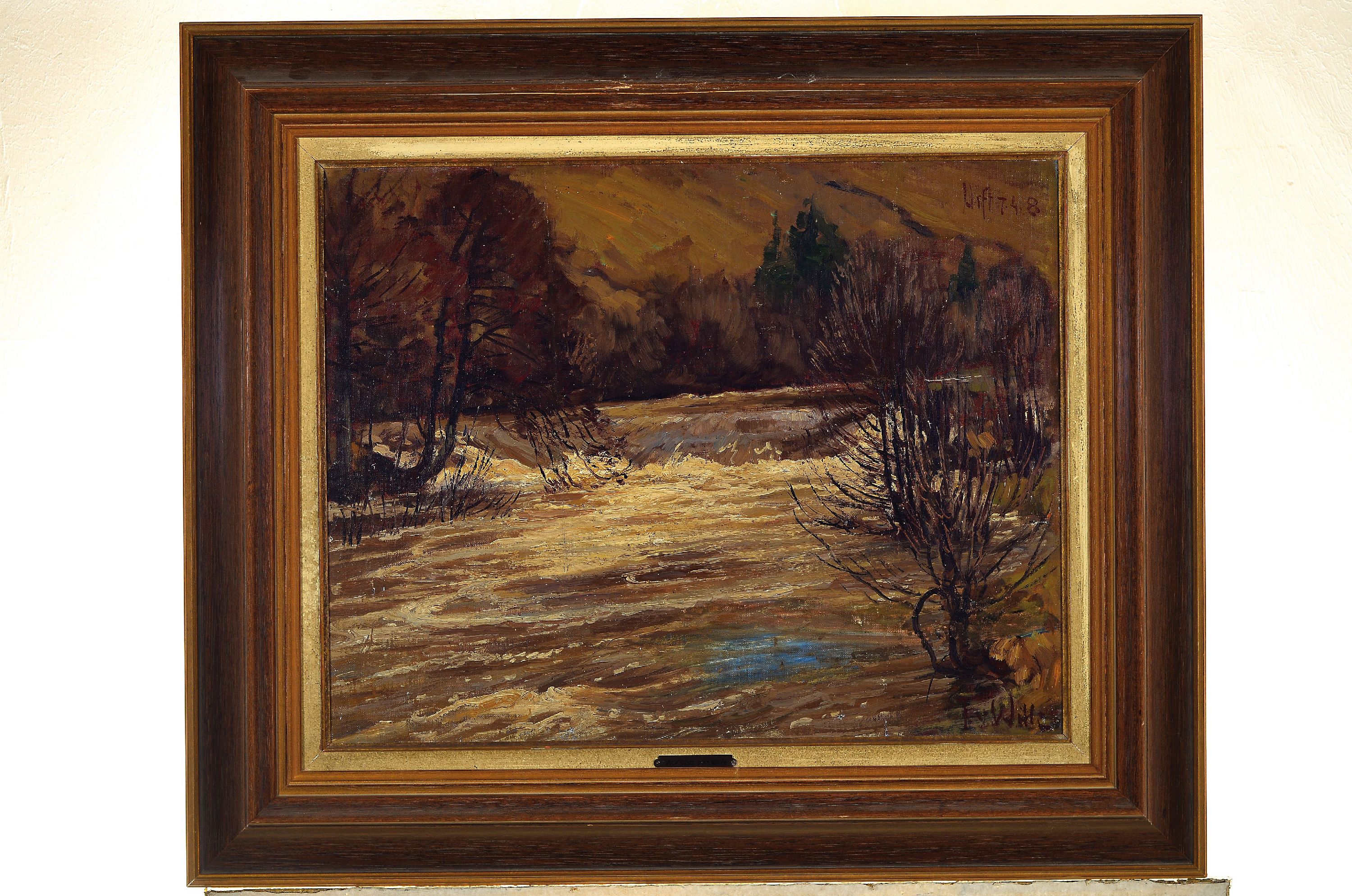 Detail k: Fritz von Wille, 1860 - 1941, winterliche Flußlandschaft, Öl/Lwd auf Platte, signiert, kleiner winterlicher, Hochwasser führender Fluss, das ...