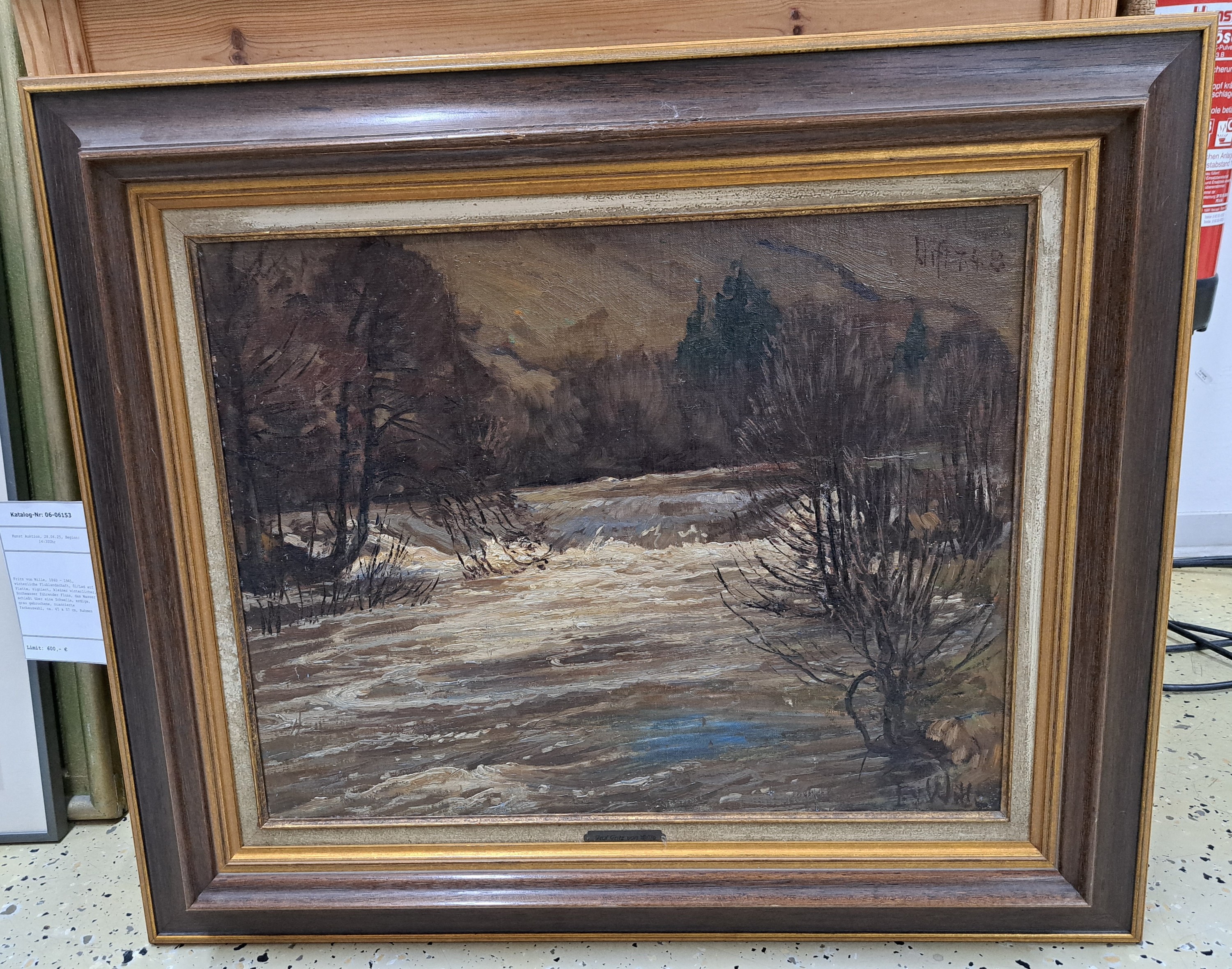 Detail l: Fritz von Wille, 1860 - 1941, winterliche Flußlandschaft, Öl/Lwd auf Platte, signiert, kleiner winterlicher, Hochwasser führender Fluss, das ...