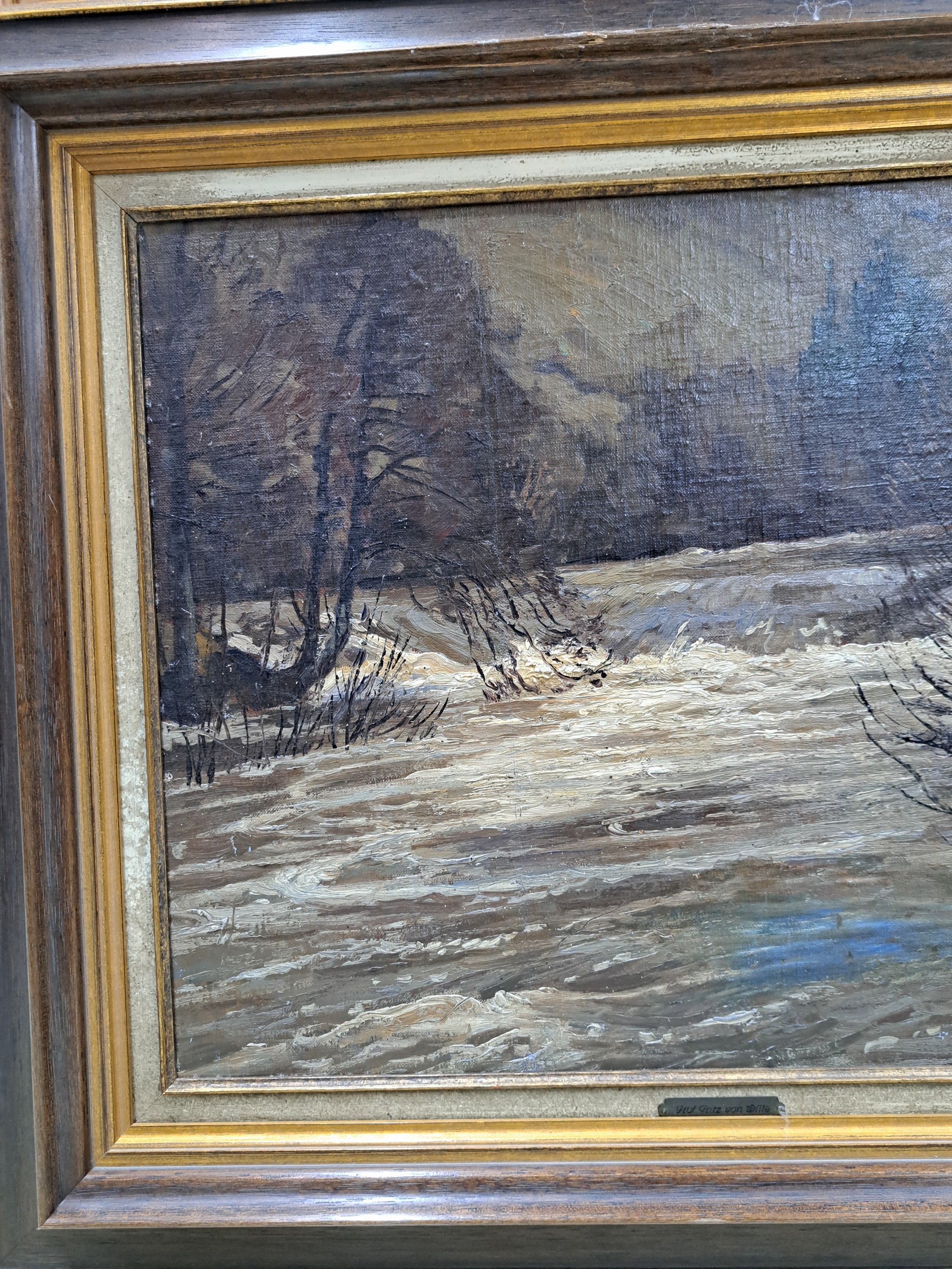 Detail m: Fritz von Wille, 1860 - 1941, winterliche Flußlandschaft, Öl/Lwd auf Platte, signiert, kleiner winterlicher, Hochwasser führender Fluss, das ...