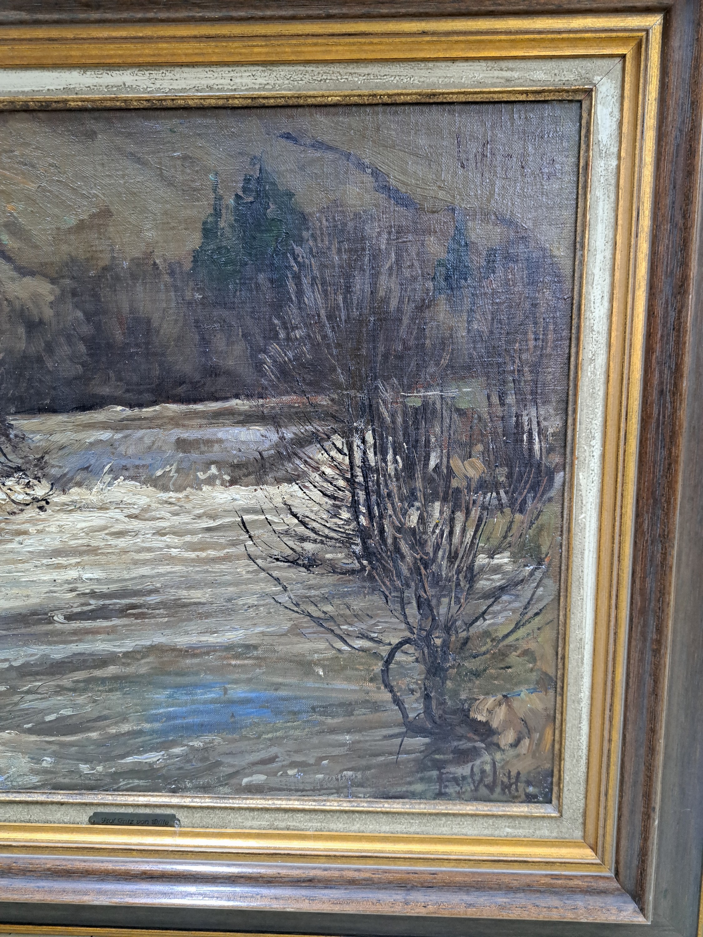 Detail n: Fritz von Wille, 1860 - 1941, winterliche Flußlandschaft, Öl/Lwd auf Platte, signiert, kleiner winterlicher, Hochwasser führender Fluss, das ...