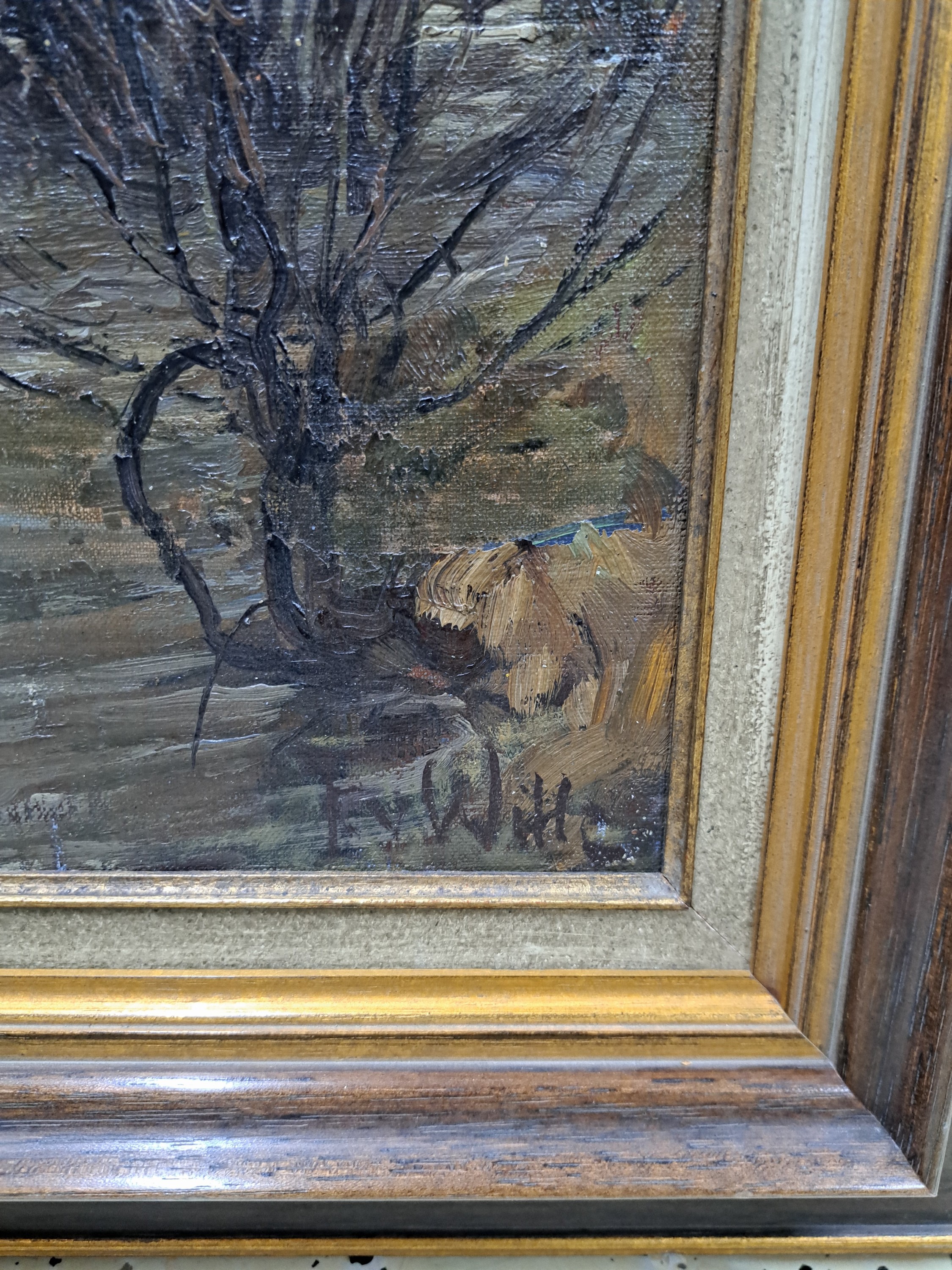 Detail o: Fritz von Wille, 1860 - 1941, winterliche Flußlandschaft, Öl/Lwd auf Platte, signiert, kleiner winterlicher, Hochwasser führender Fluss, das ...