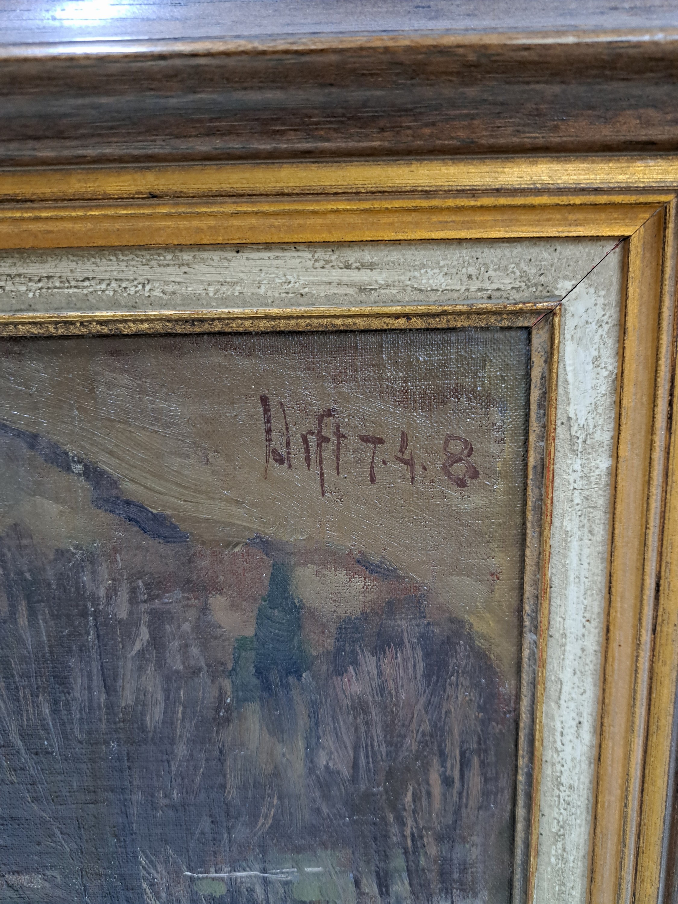 Detail p: Fritz von Wille, 1860 - 1941, winterliche Flußlandschaft, Öl/Lwd auf Platte, signiert, kleiner winterlicher, Hochwasser führender Fluss, das ...