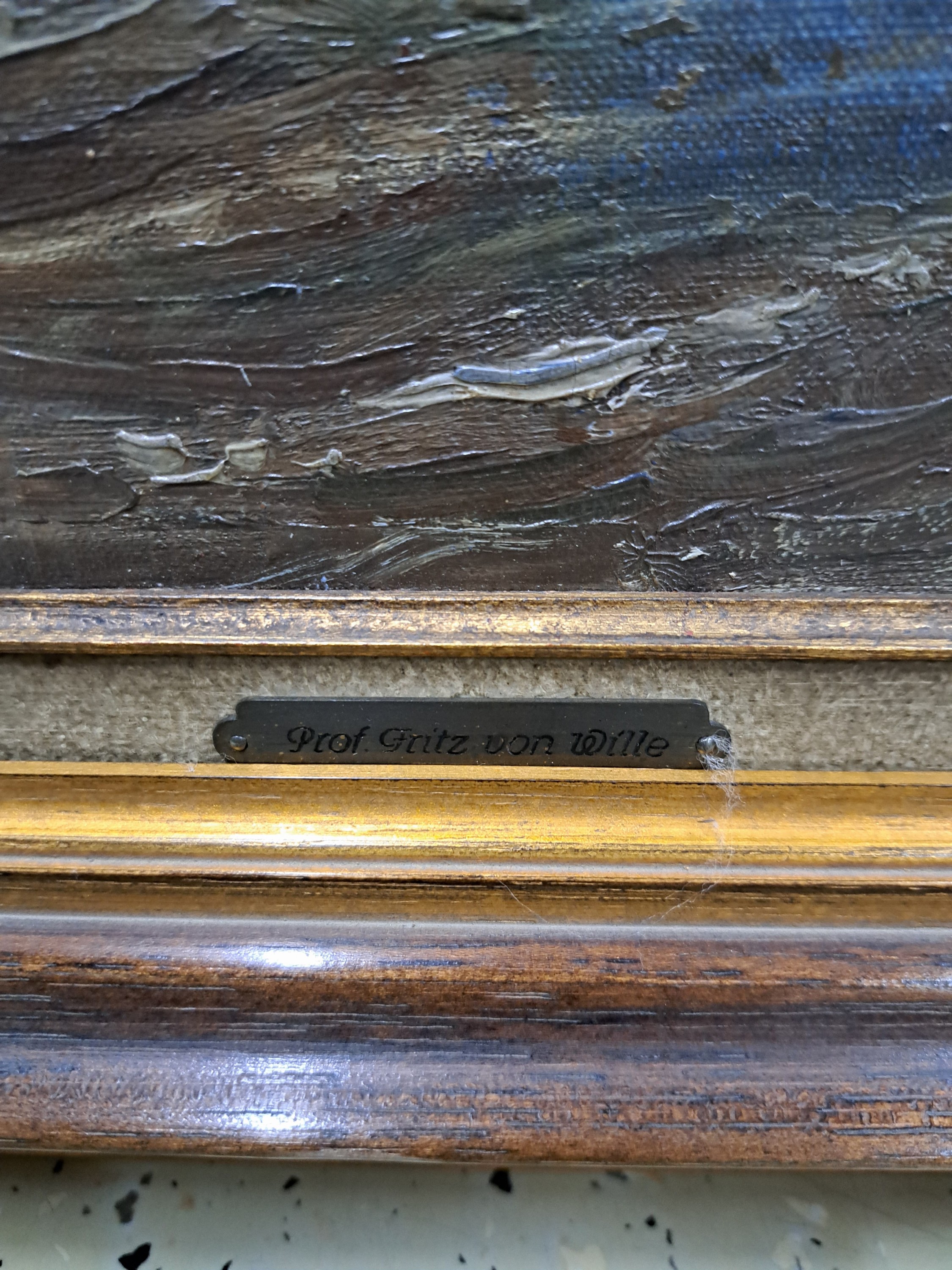 Detail q: Fritz von Wille, 1860 - 1941, winterliche Flußlandschaft, Öl/Lwd auf Platte, signiert, kleiner winterlicher, Hochwasser führender Fluss, das ...