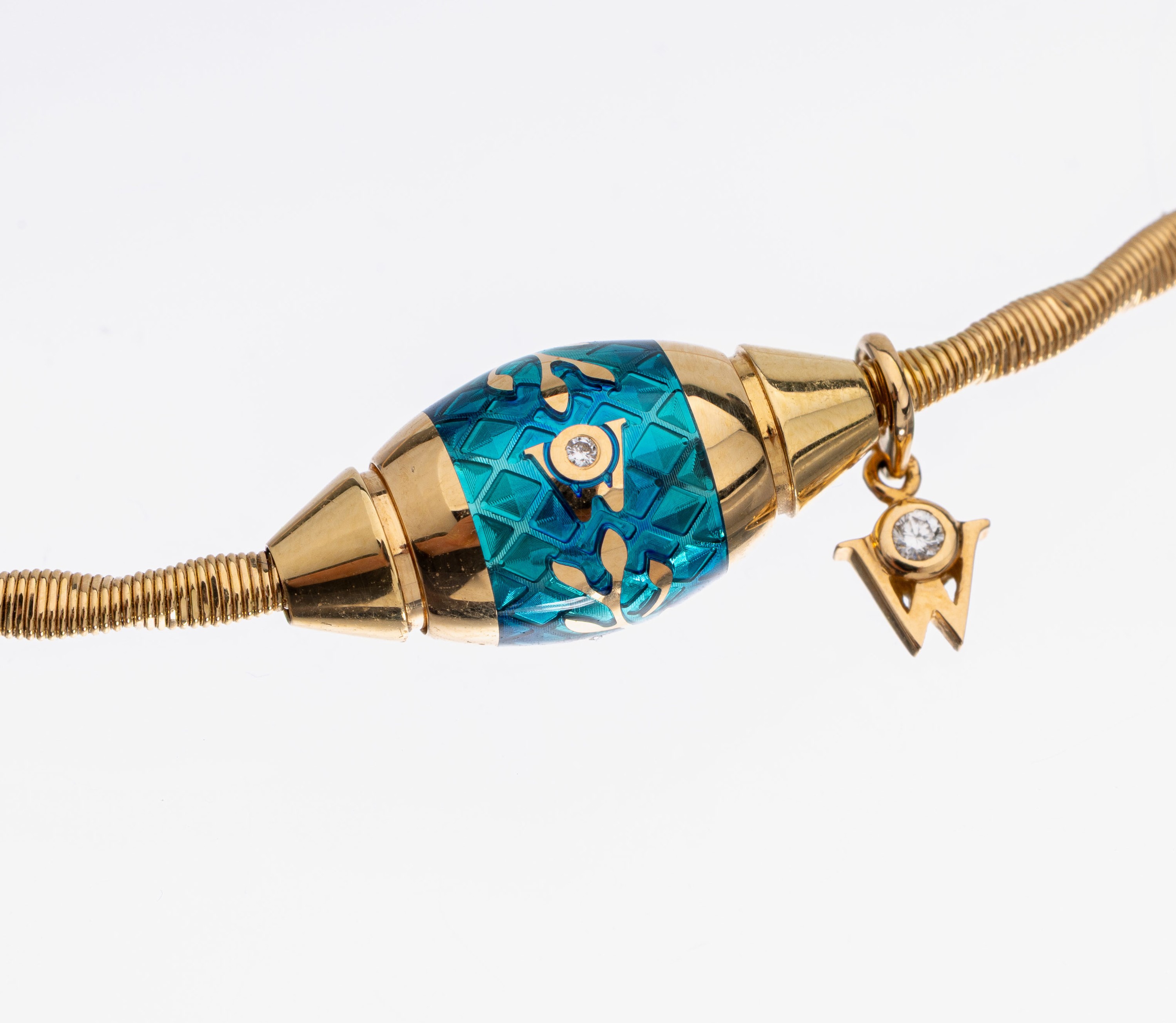 Detail a: 18 kt Gold WELLENDORFF Brillant-Collier "Sonnenglanz Magie", GG 750/000, türkisblauemaillierte Mittelschließe, typ. abgehängtes W, 2 ...