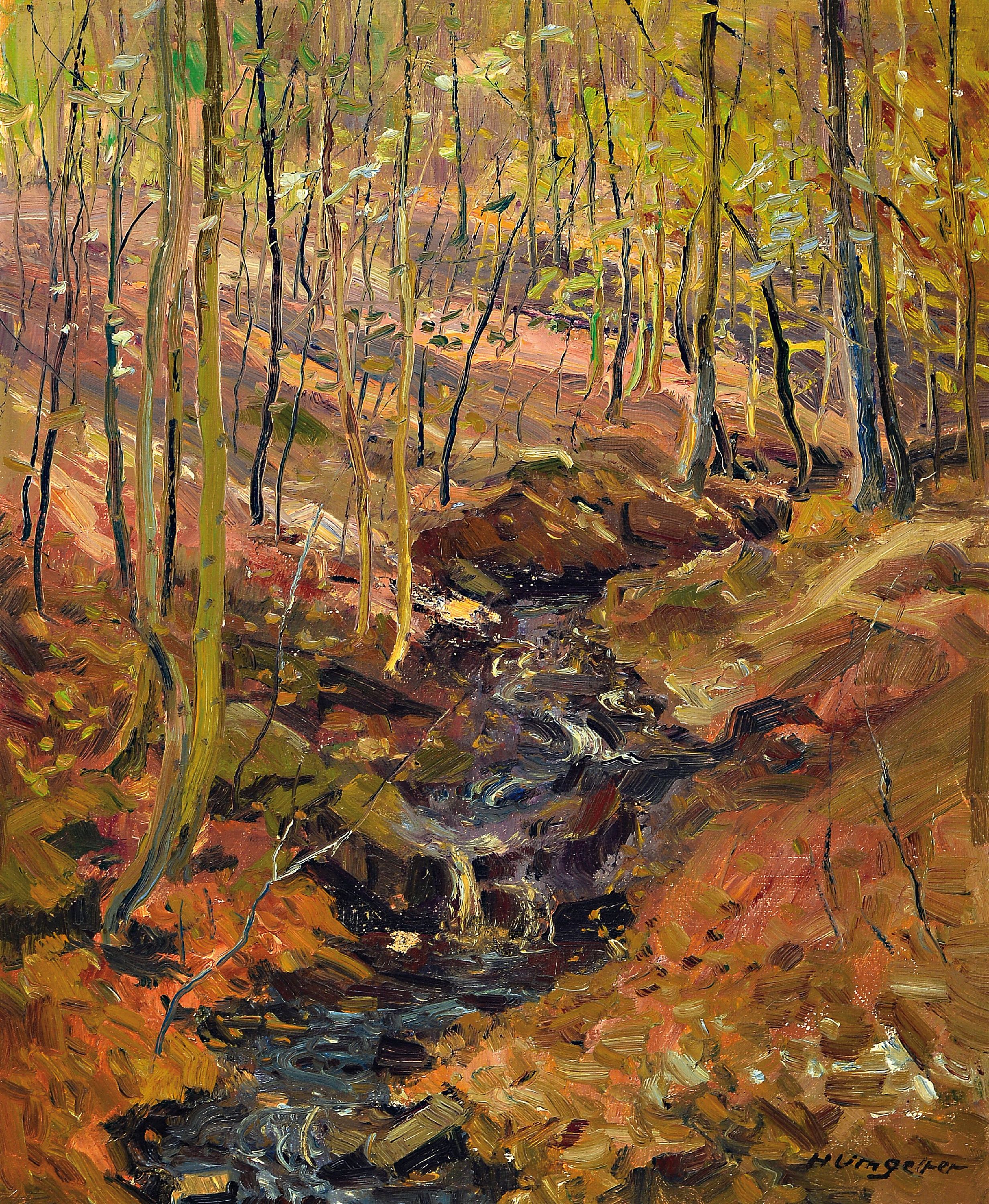 Hermann Umgelter, 1891 Botnang-1962 Stuttgart, Waldinneres mit dem Feuerbach bei Botnang, Öl/Hartfaser, rechts unten sign., ca. 55.5x45.5cm, R. ca. ...