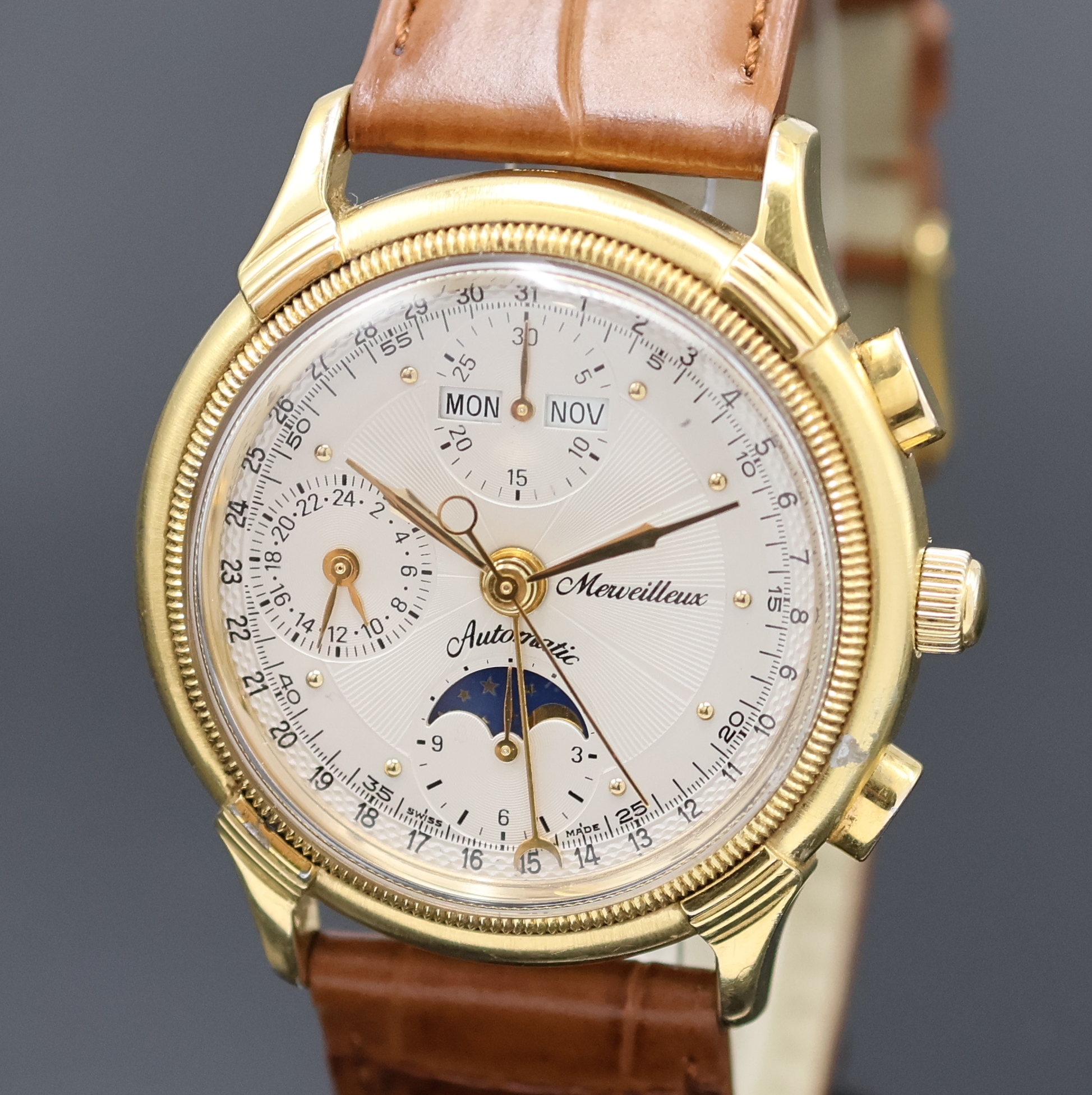 Detail a: MERVEILLEUX Armbandchronograph mit Vollkalender und Mondphase Valjoux 7751, Schweiz um 1995, Automatik, verg. Geh. m. verschr. Stahlboden, silb. ...