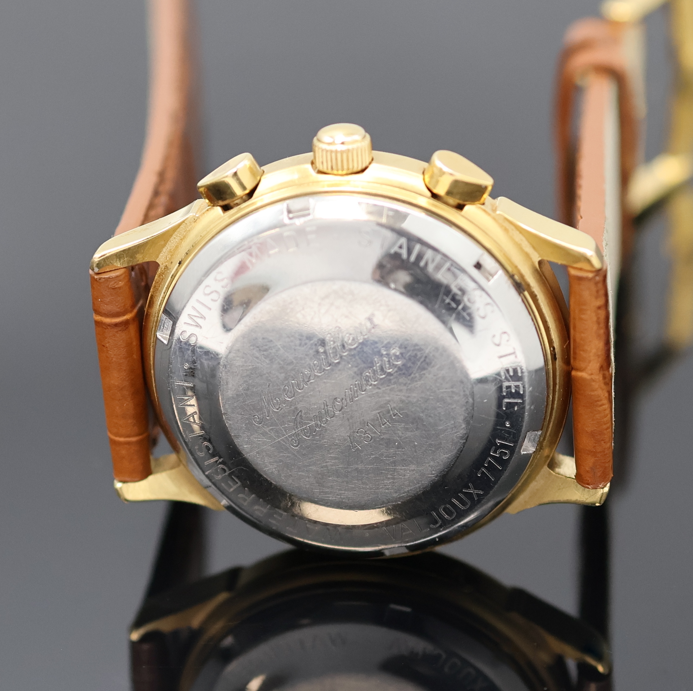 Detail c: MERVEILLEUX Armbandchronograph mit Vollkalender und Mondphase Valjoux 7751, Schweiz um 1995, Automatik, verg. Geh. m. verschr. Stahlboden, silb. ...