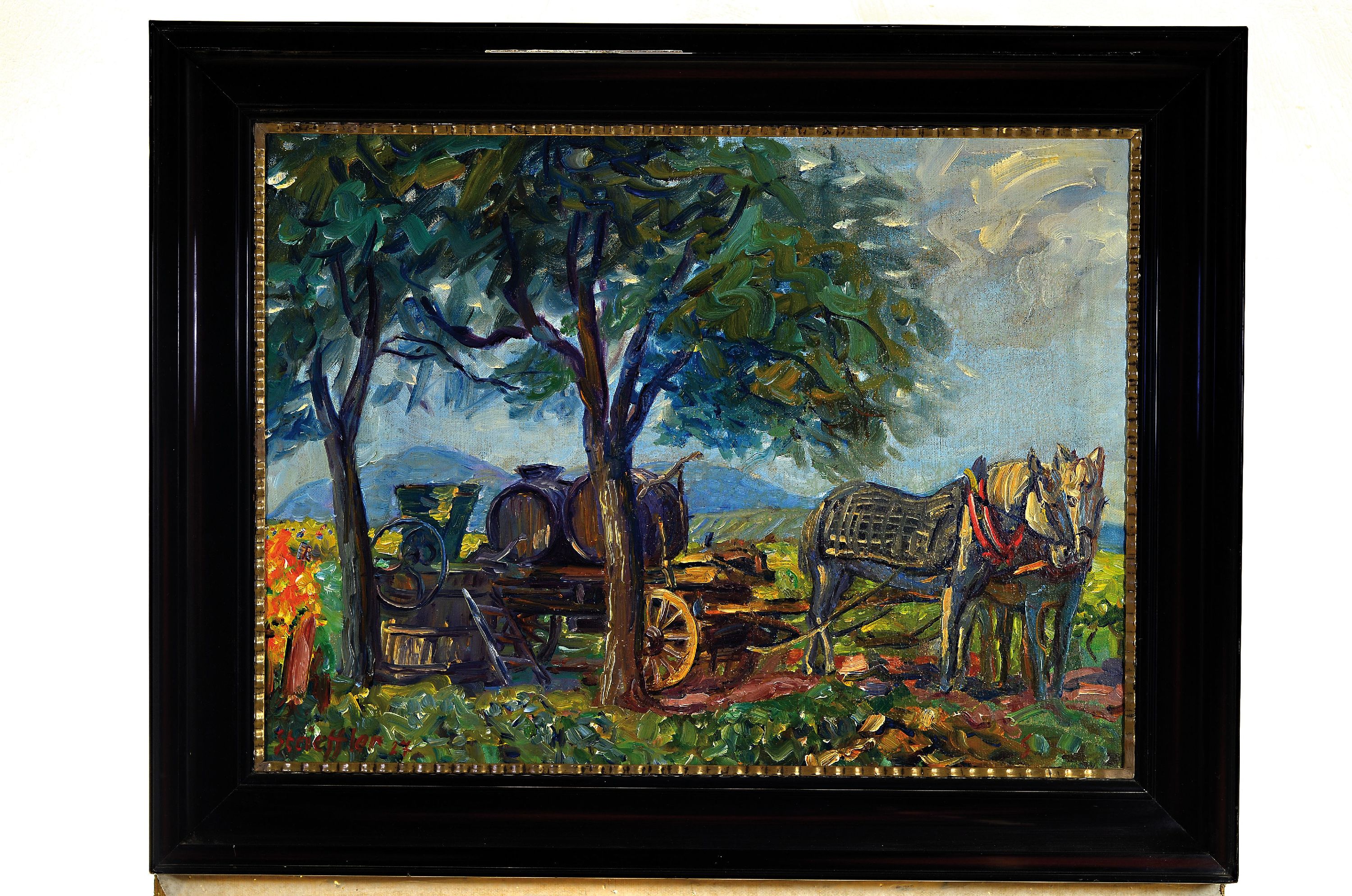 Detail k: Heinrich Strieffler, 1872 Neustadt-1949 Landau, pfälzer Weinleselandschaft, Pferdefuhrwerk mit Mostlotte im Schatten, Öl/Lwd, signiert und dat. 27, ...