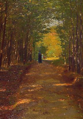 Image 26935490 - Gustav Kampmann, 1859 - 1917, Waldweg, Öl/Lwd, signiert, Spaziergängerin auf ...