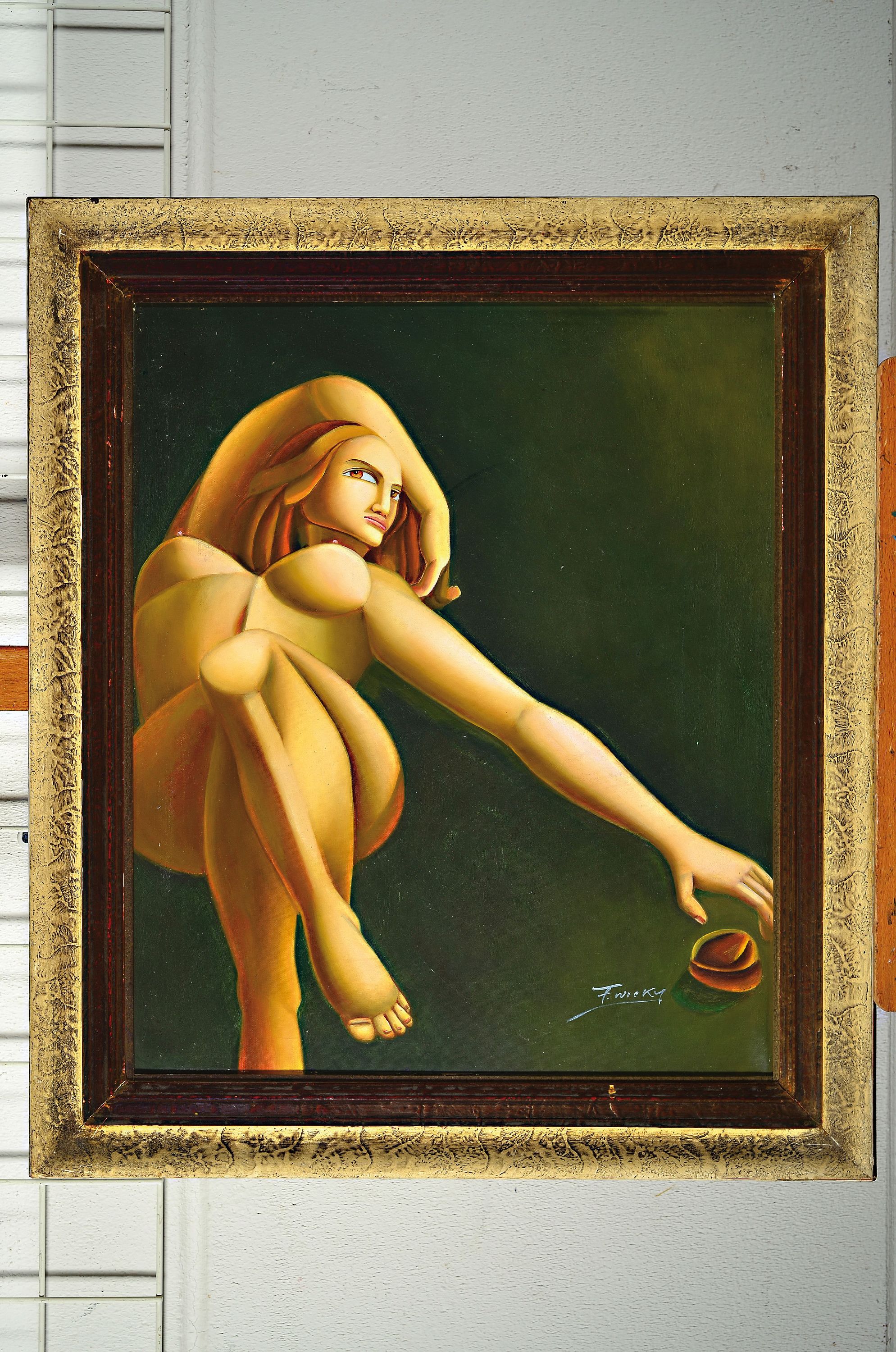 Detail k: F. Wicky, zeitgen. Maler, Kubistischer weiblicher Akt, Öl/Lwd, rechts unten sign., ca. 60x50cm, R. ca. 76x66cm