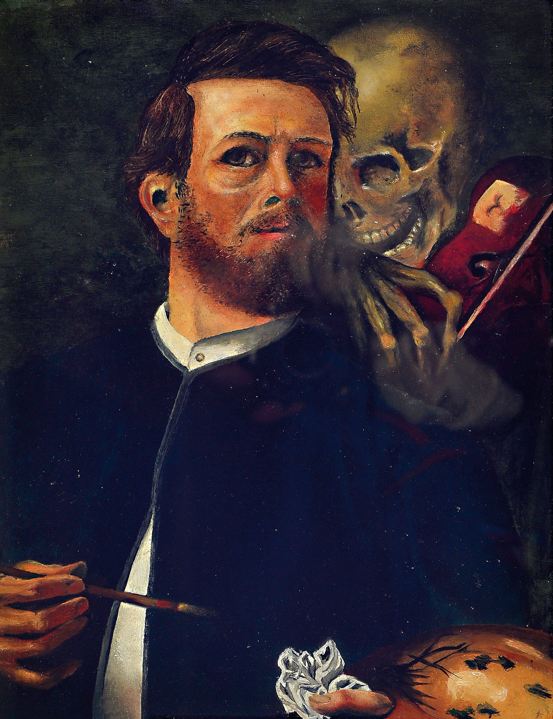 Unbekannter Kopist nach Arnold Böcklin, 20. Jh., Selbstbildnis mit dem fiedelnden Tod, Öl auf Papier, unsigniert, ca. 36x28cm, PP, u.Gl., R. ca. ...