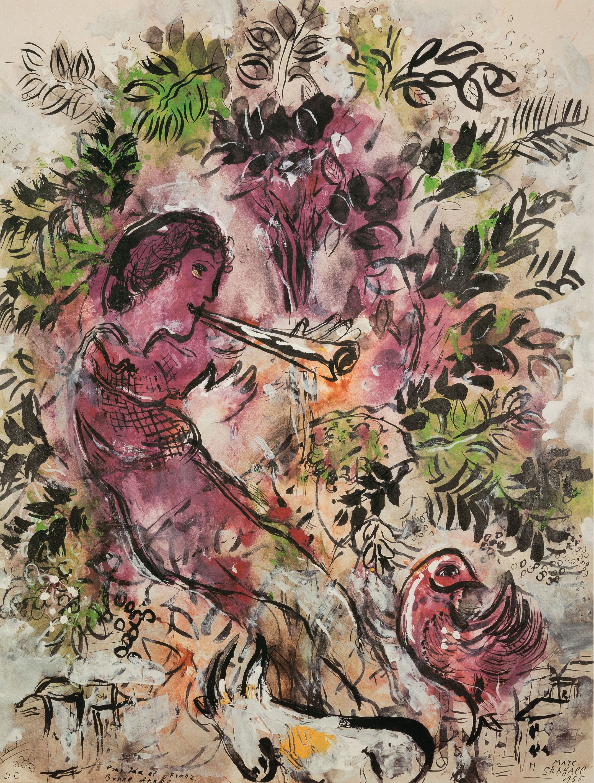 Nach Marc Chagall (1887-1985), 2 Granolithographien auf Velin, "Der Flötenspieler (1955)" und "Früchte und Blumen (1949)", ...