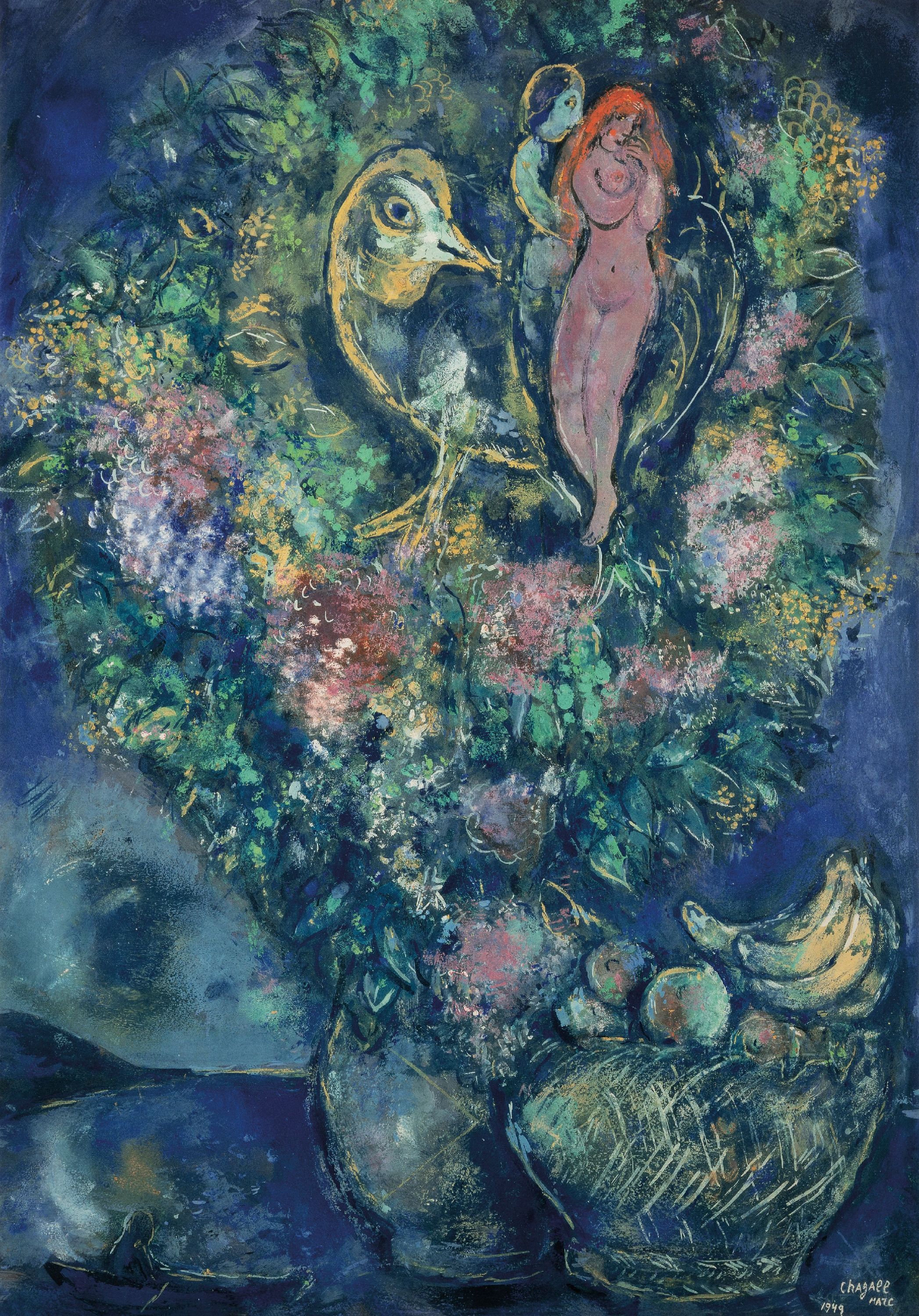 Detail a: Nach Marc Chagall (1887-1985), 2 Granolithographien auf Velin, "Der Flötenspieler (1955)" und "Früchte und Blumen (1949)", ...