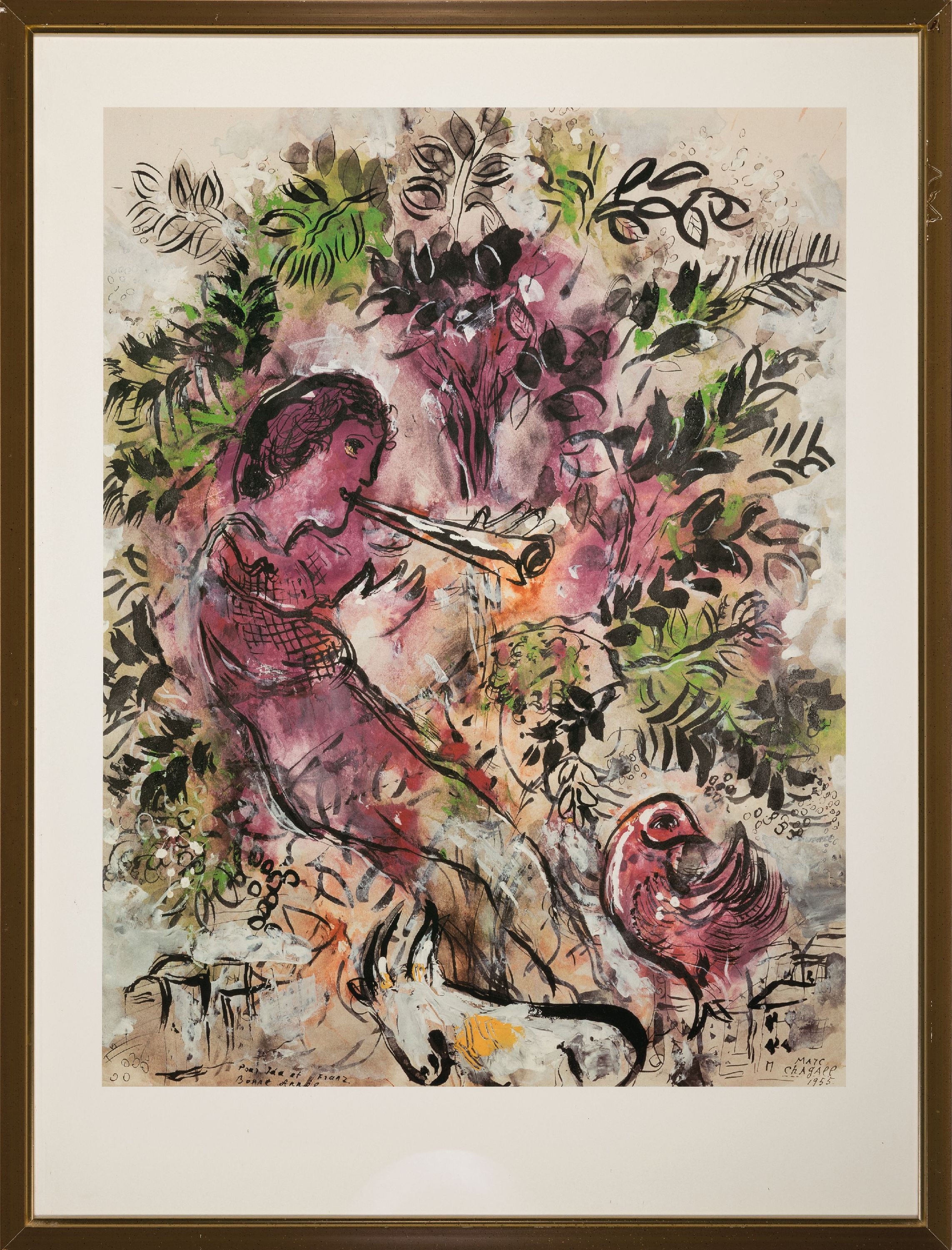 Detail k: Nach Marc Chagall (1887-1985), 2 Granolithographien auf Velin, "Der Flötenspieler (1955)" und "Früchte und Blumen (1949)", ...
