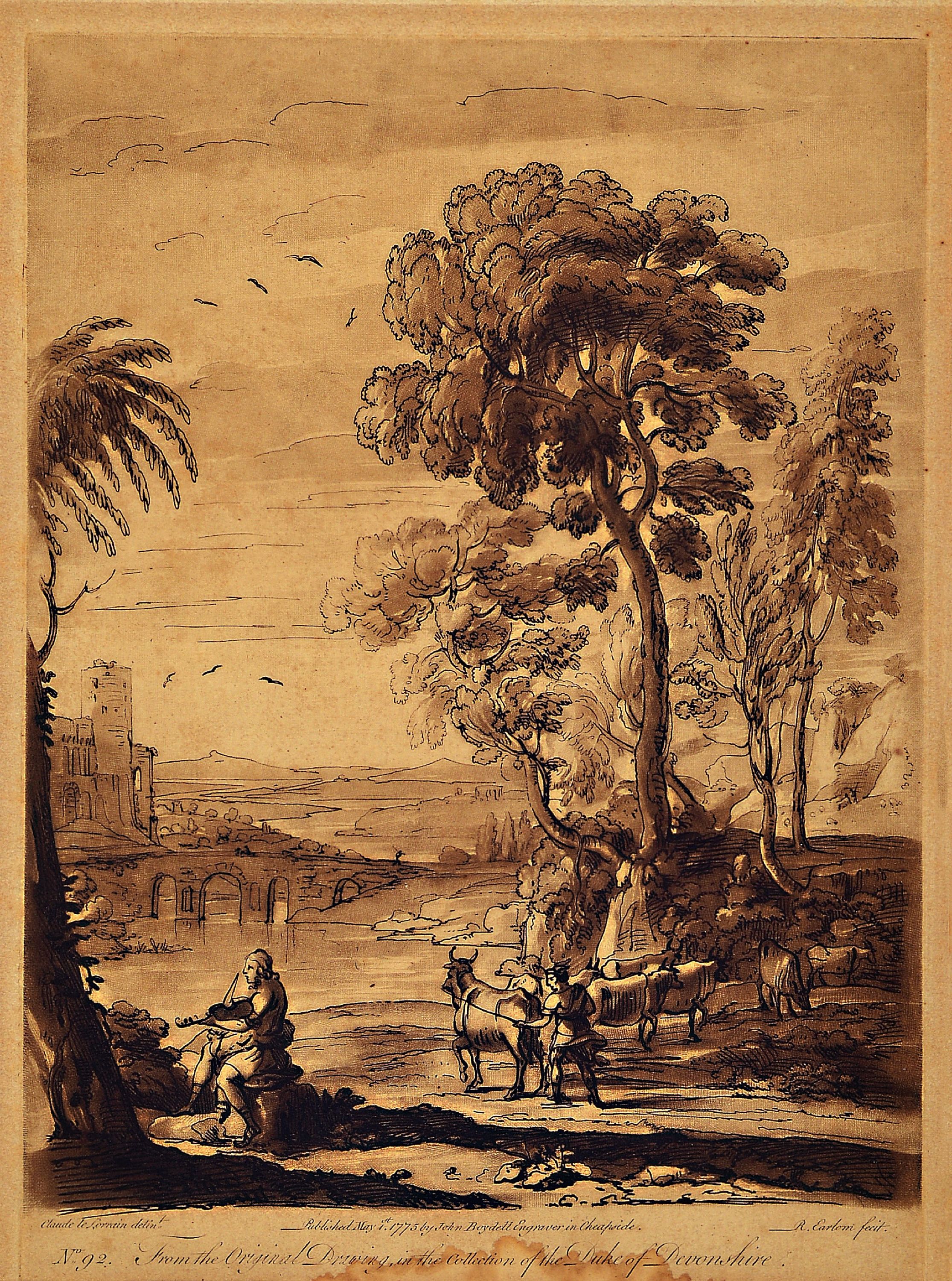 Detail a: Richard Erlom, 1743-1822, zwei Aquatinta- Radierungen nach Claude Lorrain (1600-1682), aus der Serie Liber veritatis Nr. 92 und 88, altersbedingt ...