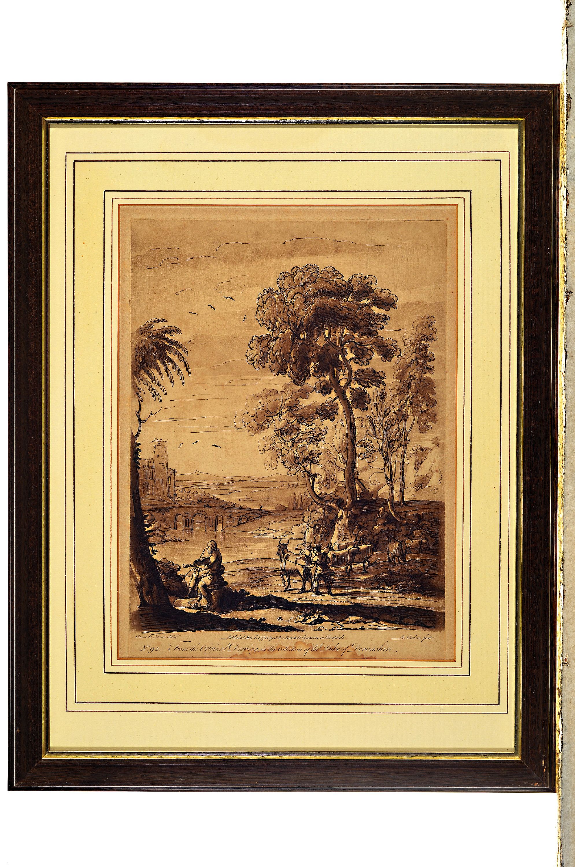 Detail l: Richard Erlom, 1743-1822, zwei Aquatinta- Radierungen nach Claude Lorrain (1600-1682), aus der Serie Liber veritatis Nr. 92 und 88, altersbedingt ...