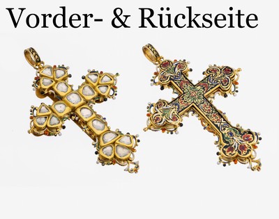 Image 18 kt Gold Diamant-Kreuzanhänger mit Email, um 1830/40, GG 750/000, 19 Diamant- ...