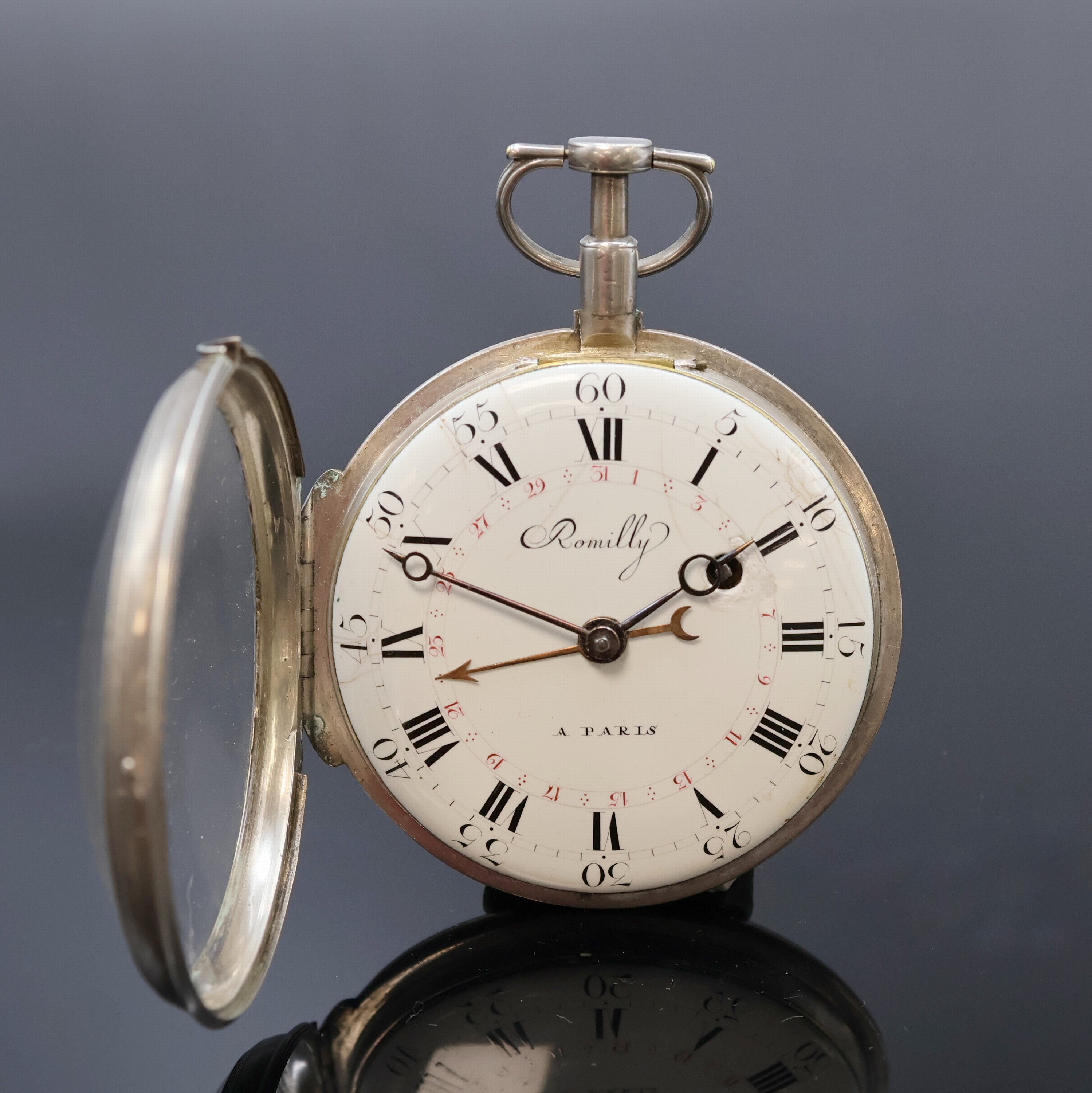 Detail b: ROMILLY a Paris seltene übergroße (79 mm) Spindeltaschenuhr mit Datum in Silber, Frankreich um 1800, Schlüsselaufzug, glattes Geh. m. ...