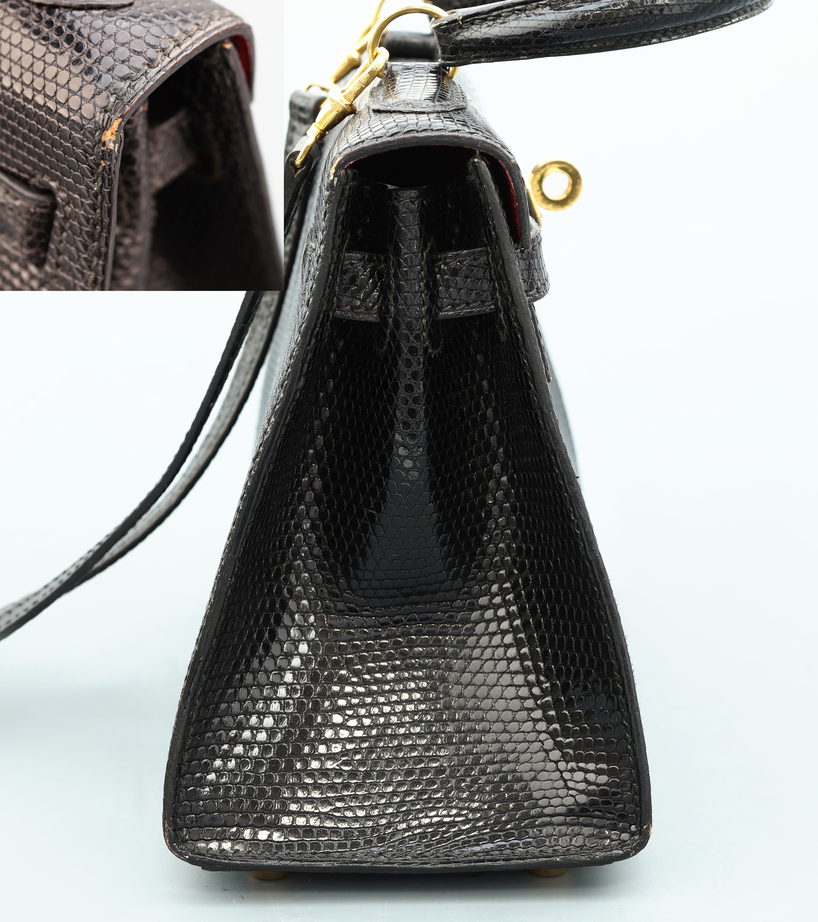 Detail c: HERMES Mini Kelly 20, "Salvator Lizard Salier", Eidechse, shiny black, von 1994, Monturen vergoldet, orig. Schulterriemen, innen rotes ...