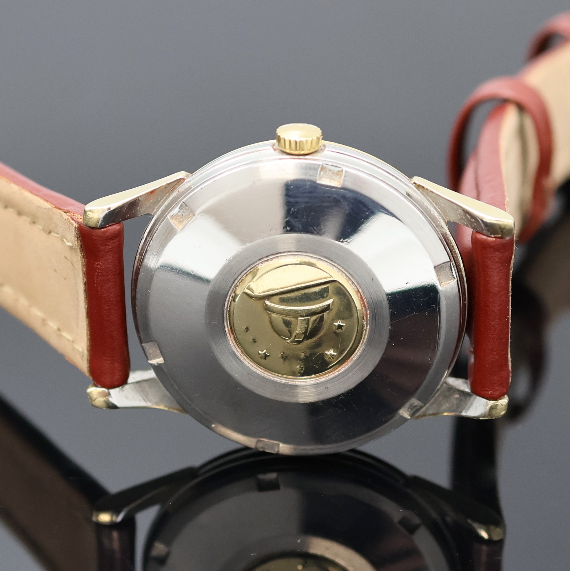 Detail d: OMEGA Constellation Herrenarmbanduhr in Stahl/Gold Referenz 14393, Schweiz um 1962, Automatik, verschr. Boden m. Sternwarten- Plakette in Gold, silb. ...