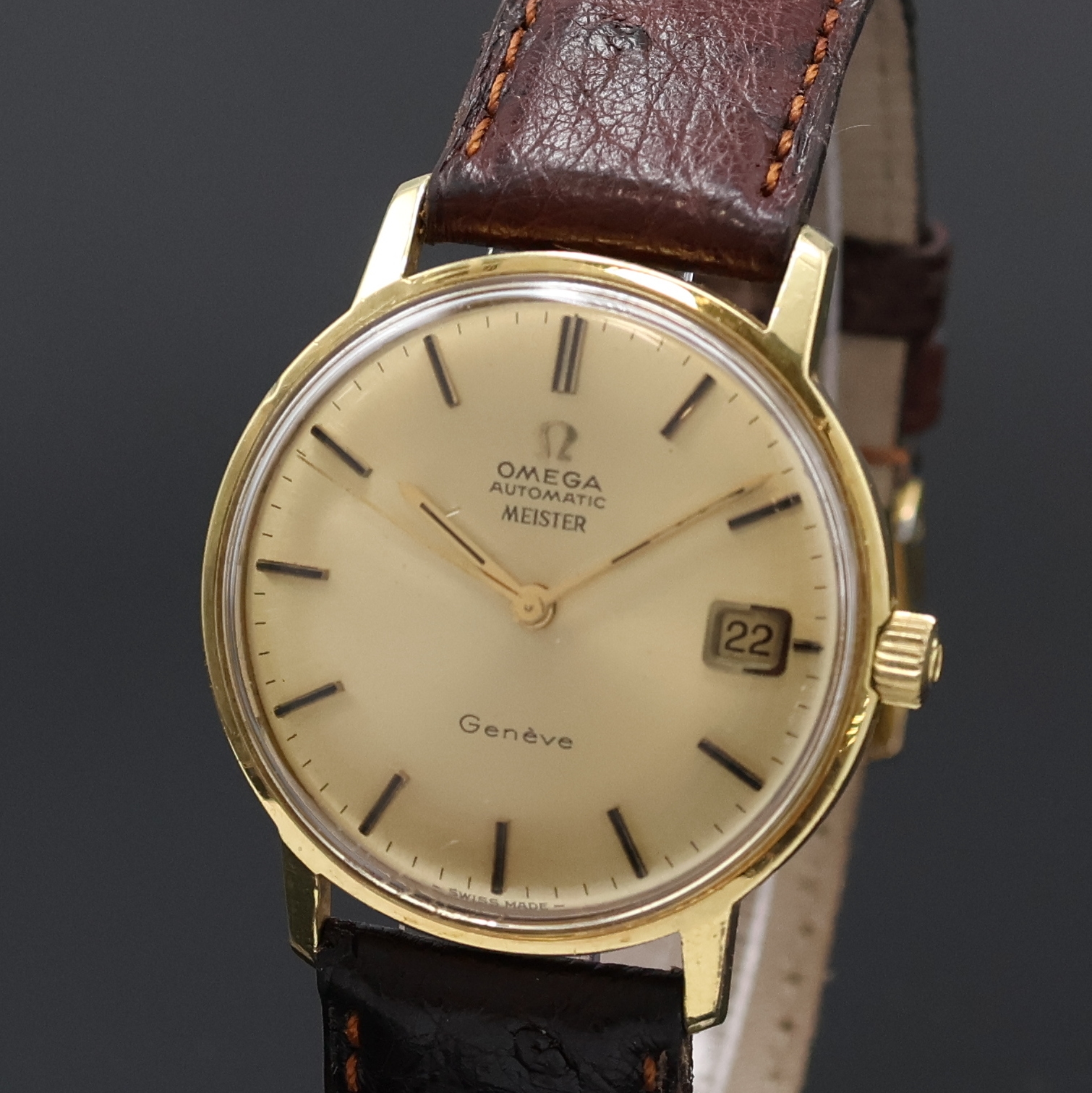 Detail a: OMEGA MEISTER Automatic Geneve Armbanduhr in GG 750/000 Referenz 166037, Schweiz um 1968, Automatik, 2-tlg. Geh., Boden verschr., orig. Krone, gold. ...