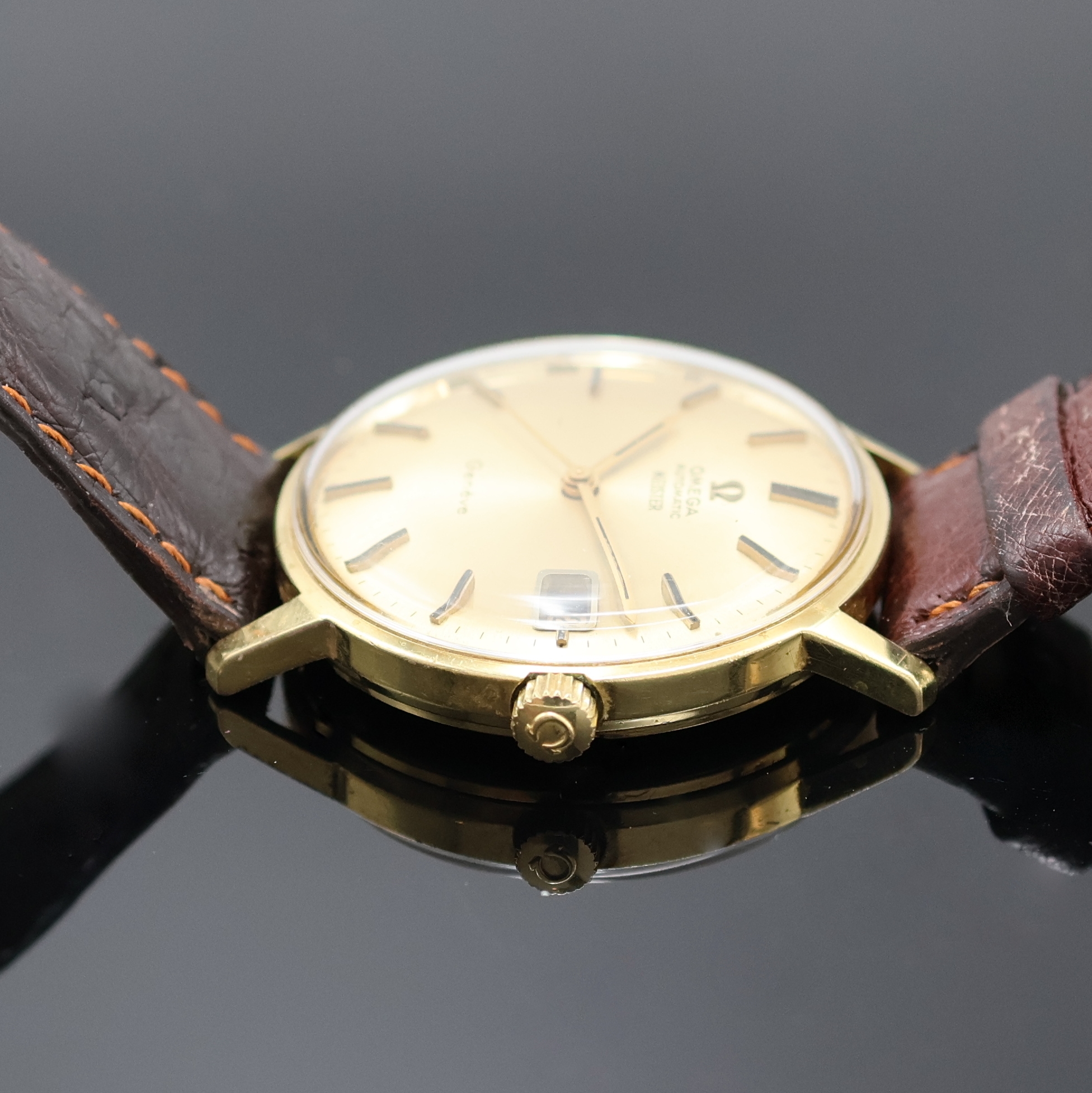 Detail c: OMEGA MEISTER Automatic Geneve Armbanduhr in GG 750/000 Referenz 166037, Schweiz um 1968, Automatik, 2-tlg. Geh., Boden verschr., orig. Krone, gold. ...