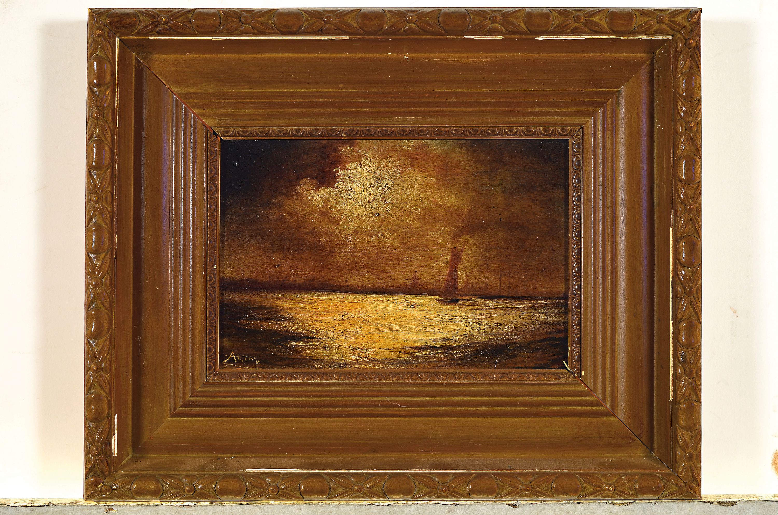 Detail k: Louis Artan de Saint Martin, Den Haag 1837 - Niewpoort 1890, Mondlandschaft mit Segelbooten, Seelandschaft, Öl/Holz, li. unten signiert und dat. 89 ...