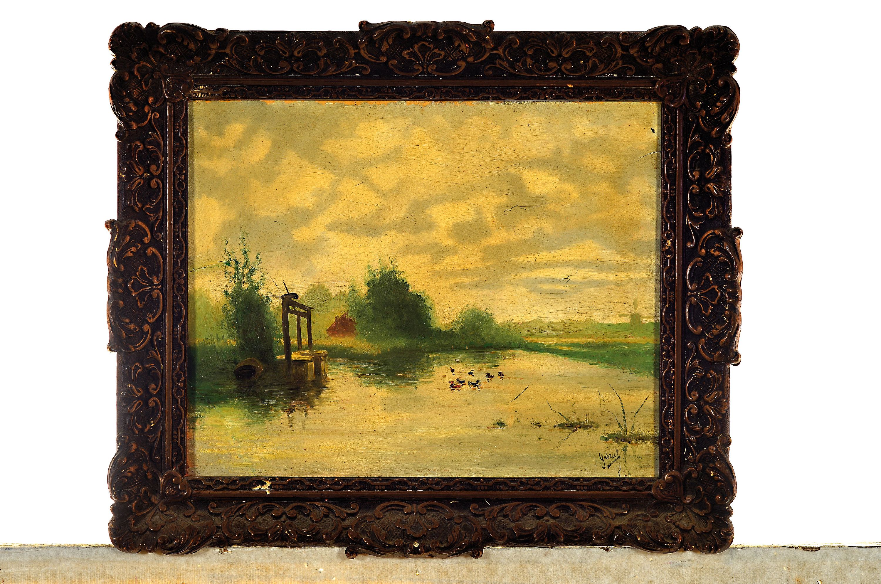 Detail k: Garbriel, in der Art der Schule von Barbizon, Ausgehendes 19. Jh., sommerliche Flußlandschaft mit Mühle im Hintergrund und Enten, re. unten ...